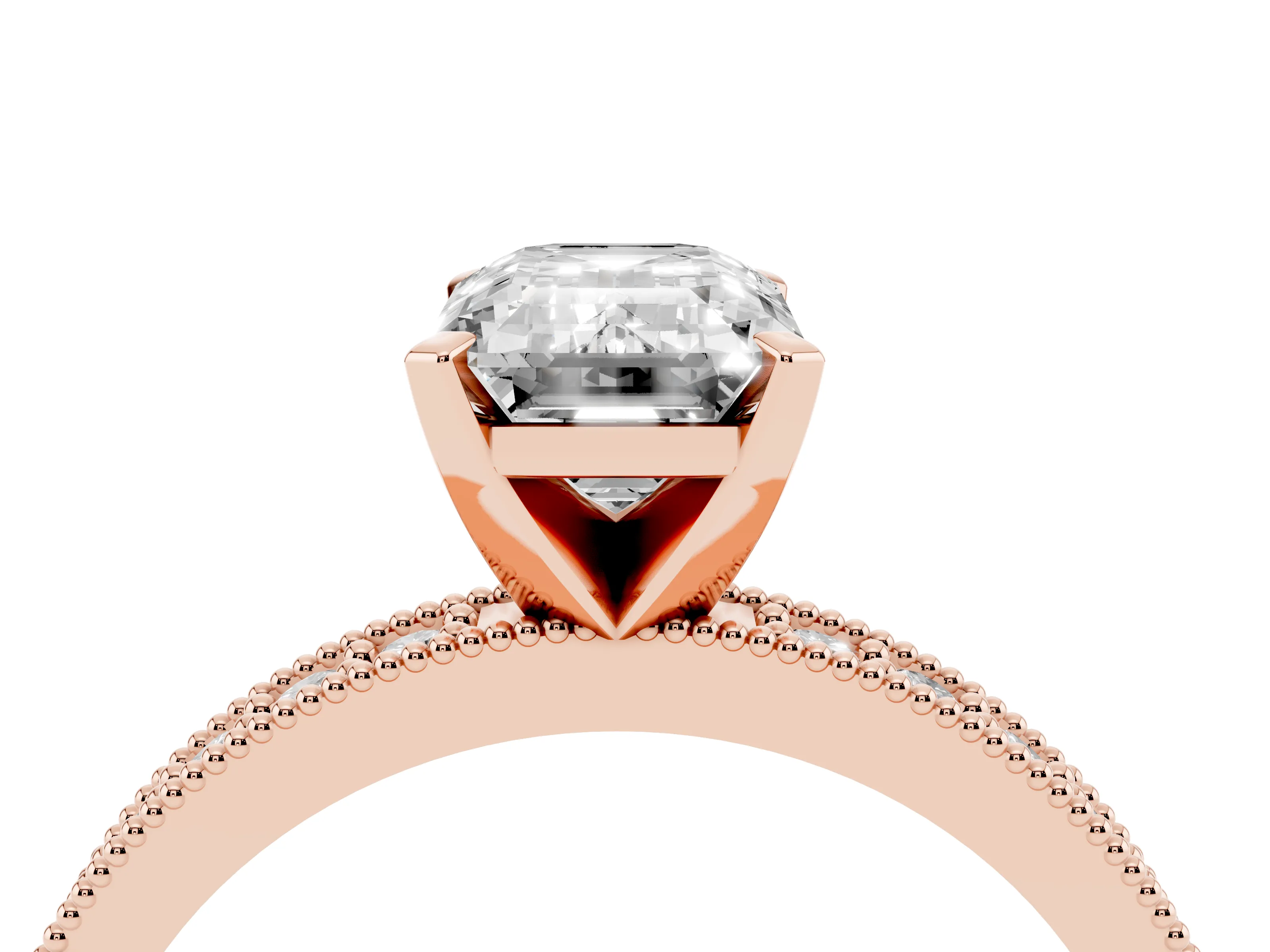 Emerald Cut Diamond Milgrain Pavé Engagement Ring Set in Rose gold with Prong Setting
