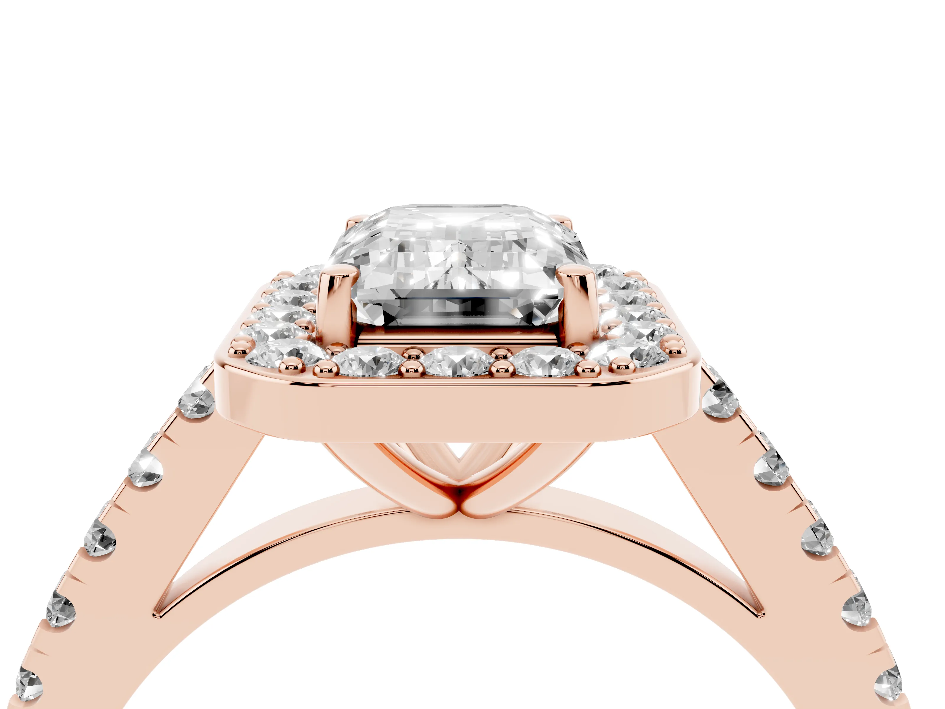 Emerald Cut Diamond Halo Ring Set in Rose gold with Round Pavé Split Shank and Prong Setting