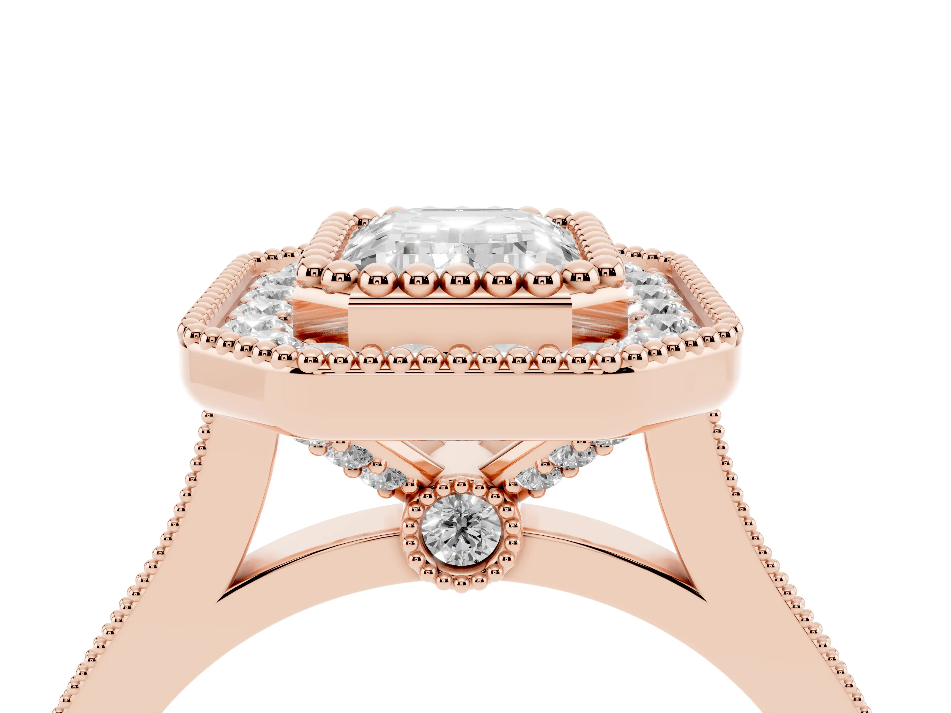 Emerald Cut Diamond Halo Ring Set in Rose gold with Milgrain Frame and Pavé Band