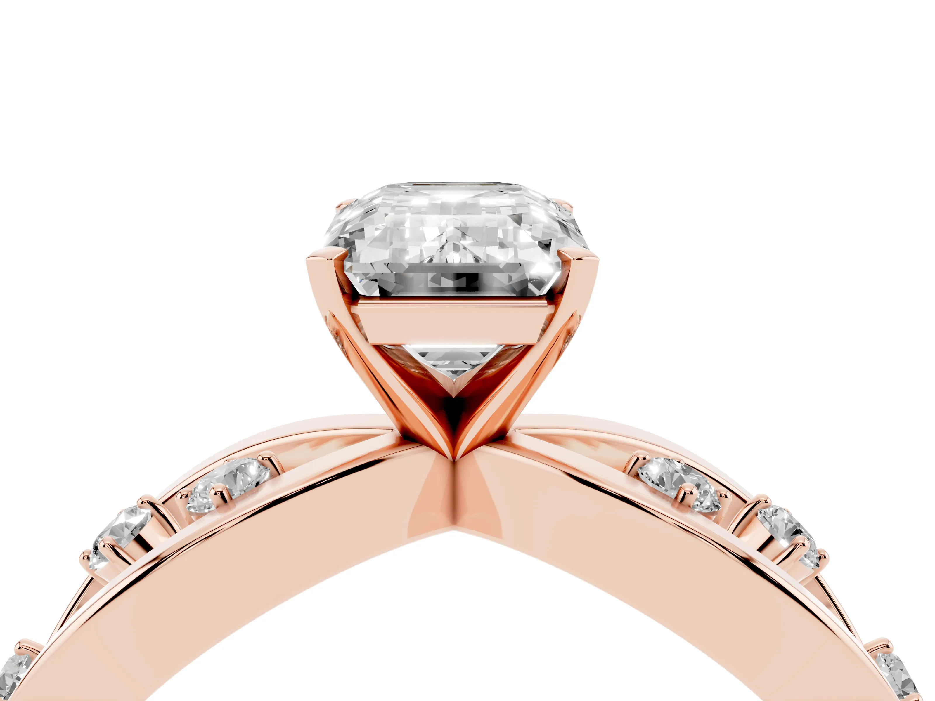 Emerald Cut Diamond Solitaire Ring Set in Rose gold with Side Stones on Criss-Cross Band and Prong Setting