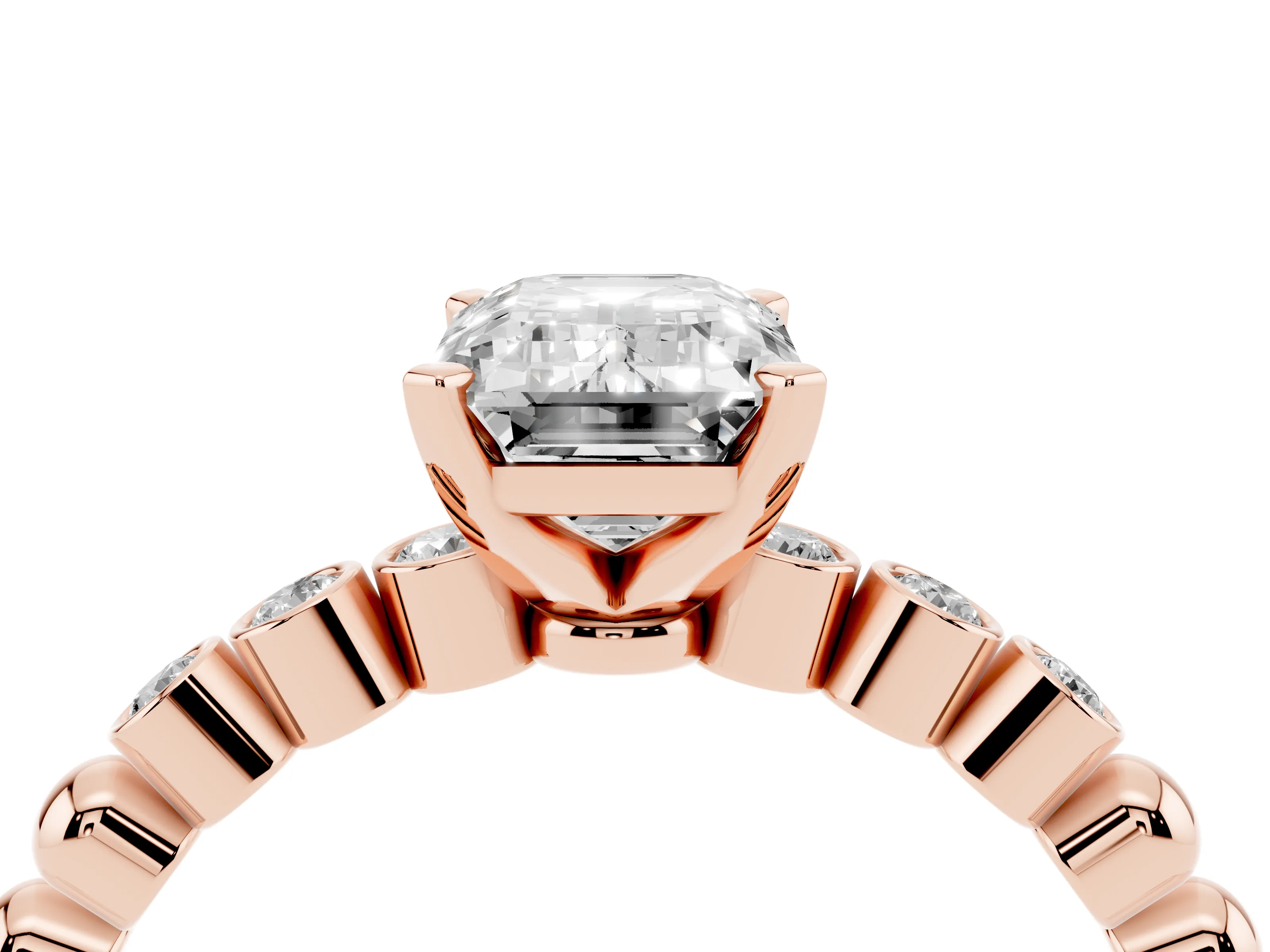 Emerald Cut Diamond Solitaire Engagement Ring Set in Rose gold with Bezel Accents on Beaded Band