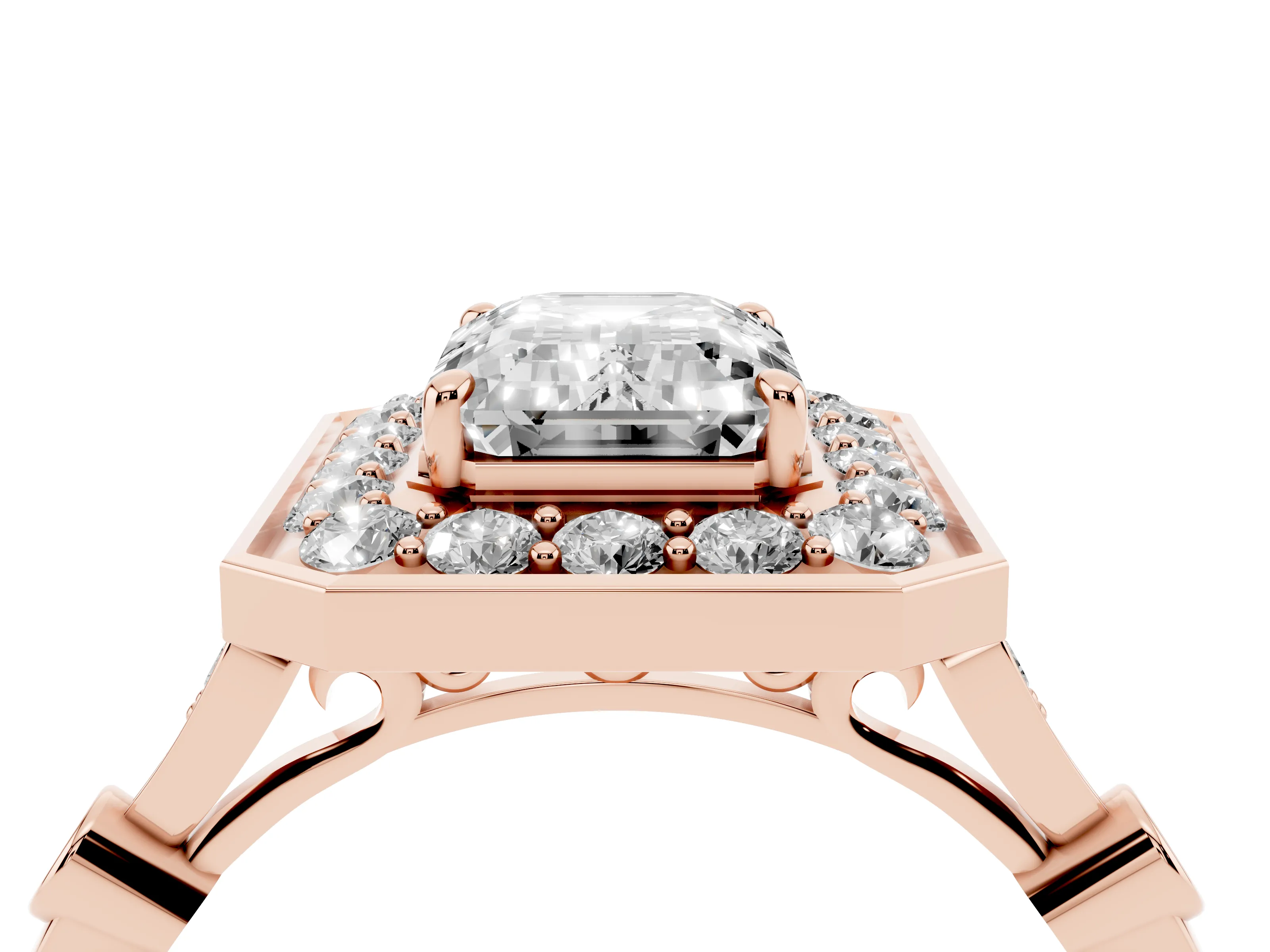 Emerald Cut Diamond Halo Engagement Ring Set in Rose gold with Twisted Band and Prong Setting
