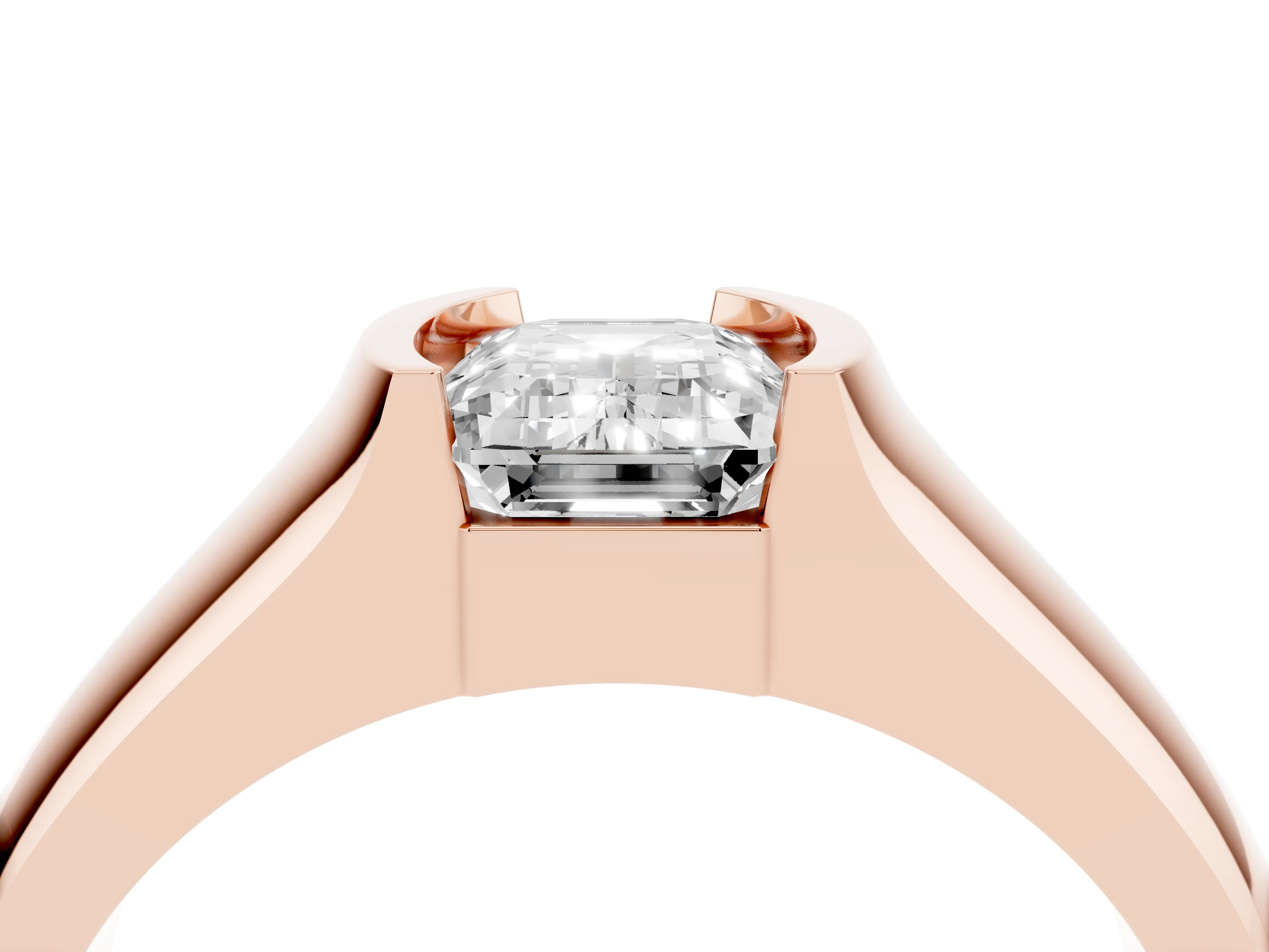 Emerald Cut Diamond Bezel Solitaire Ring Set in Rose gold with Wide Band