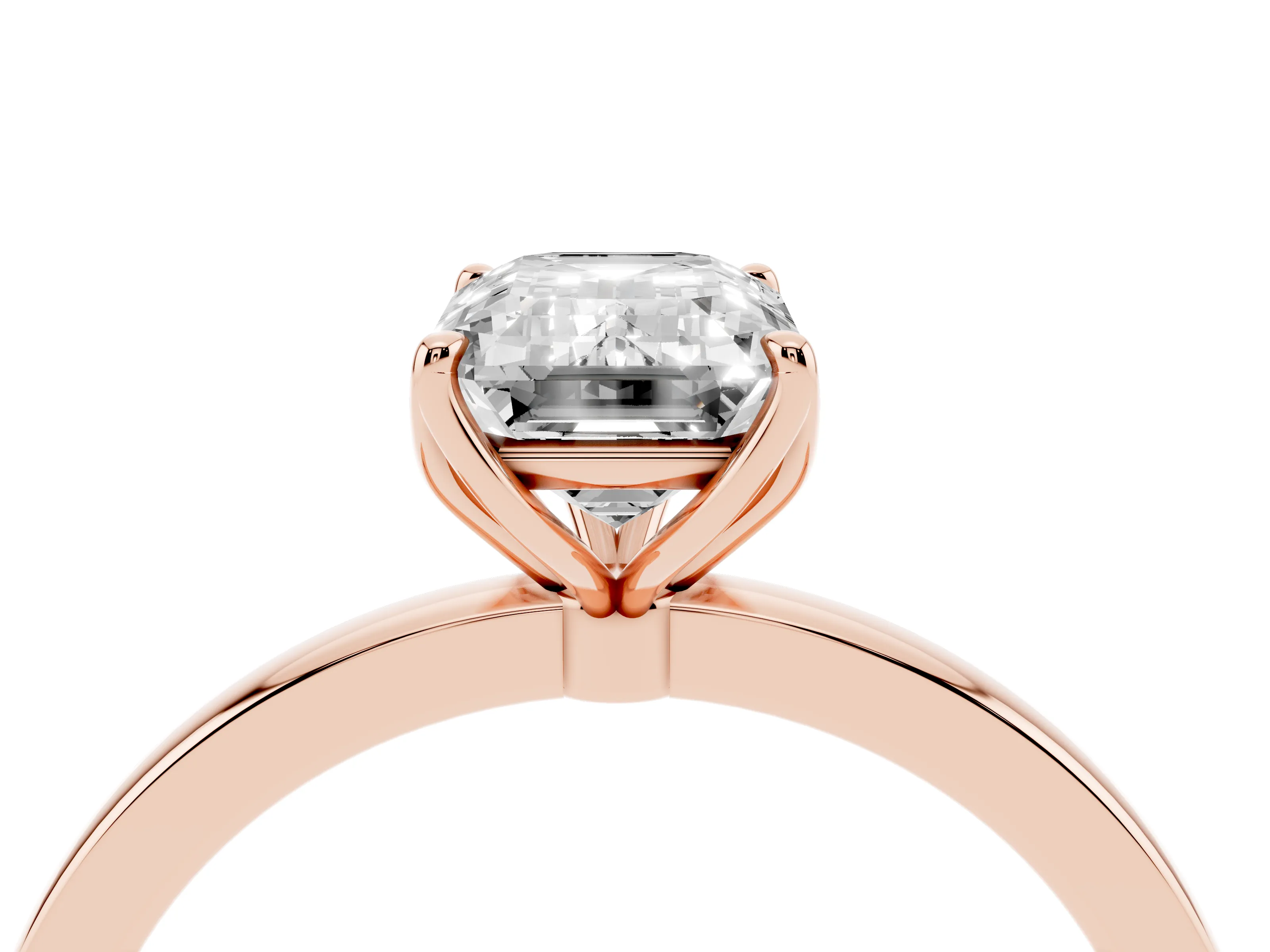 Emerald Cut Diamond Solitaire Ring Set in Rose gold with Prong Setting and Thin Polished Band