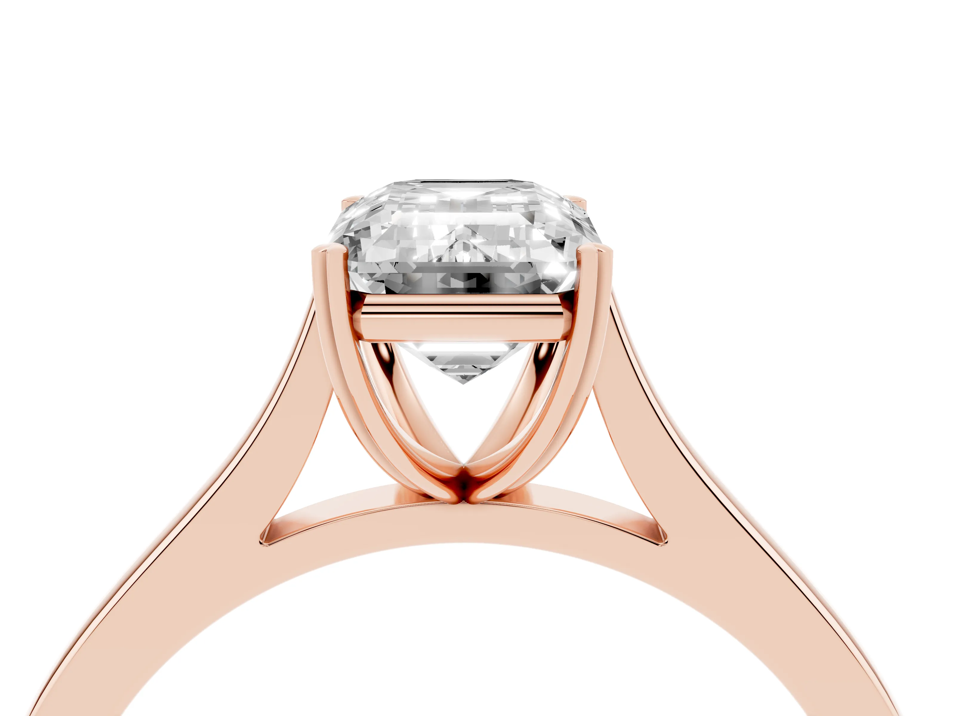 Emerald Cut Diamond Solitaire Heart Prong Engagement Ring Set in Rose gold with Tapered Band