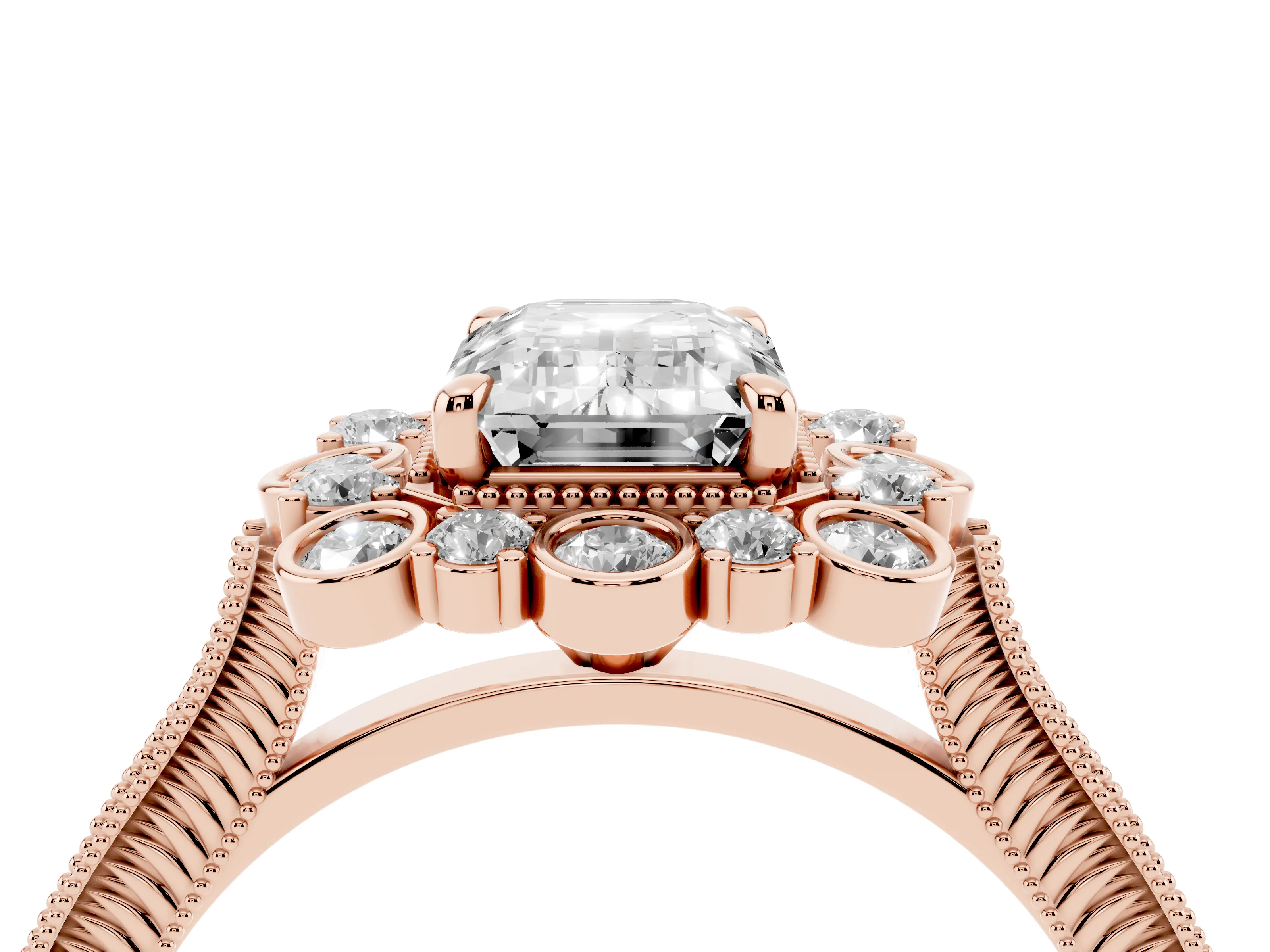 Emerald Cut Diamond Halo Milgrain Pavé Ring Set in Rose gold with Prong Setting