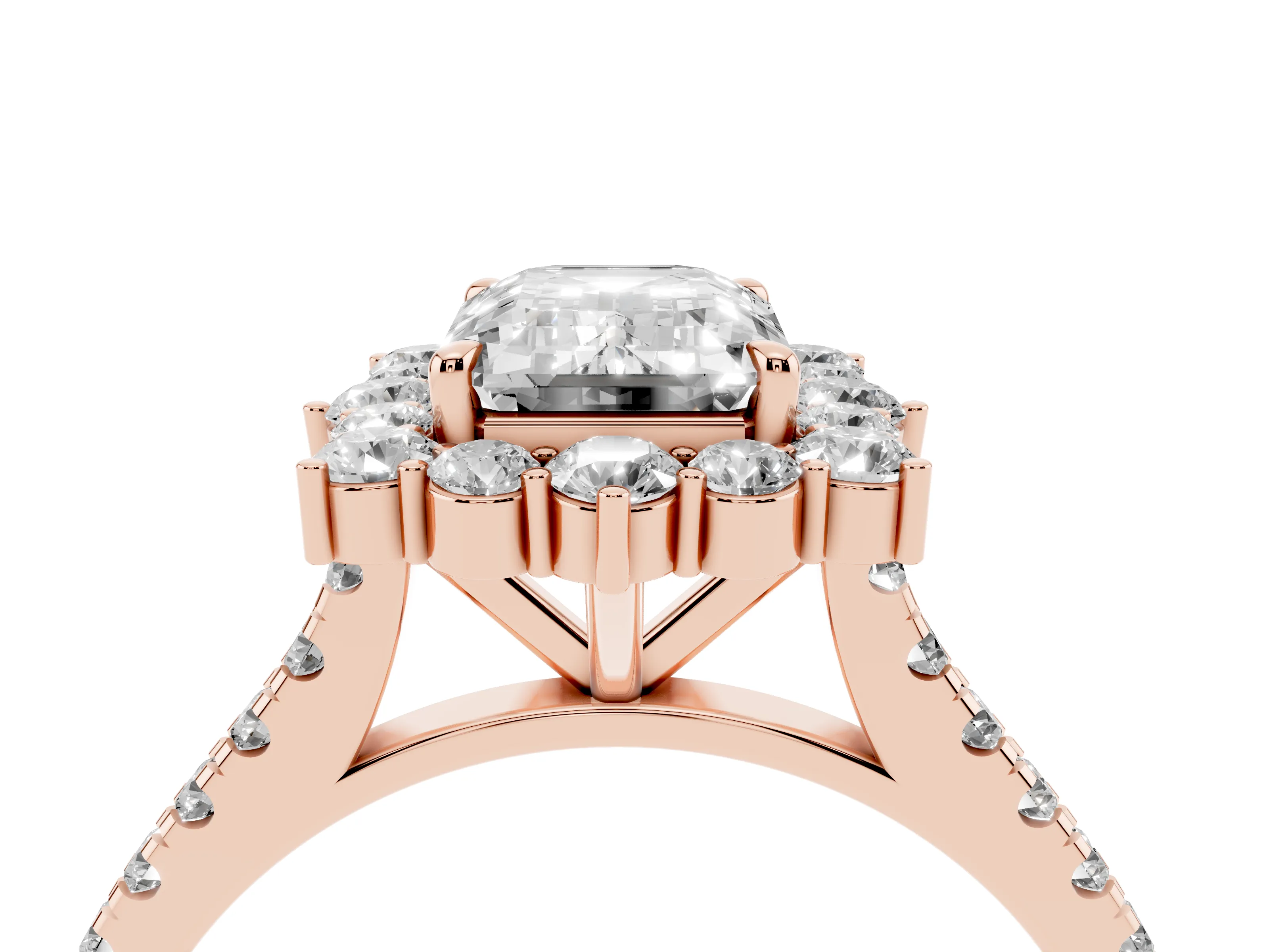 Emerald Cut Diamond Halo Ring Set in Rose gold with Pavé Band and Prong Setting
