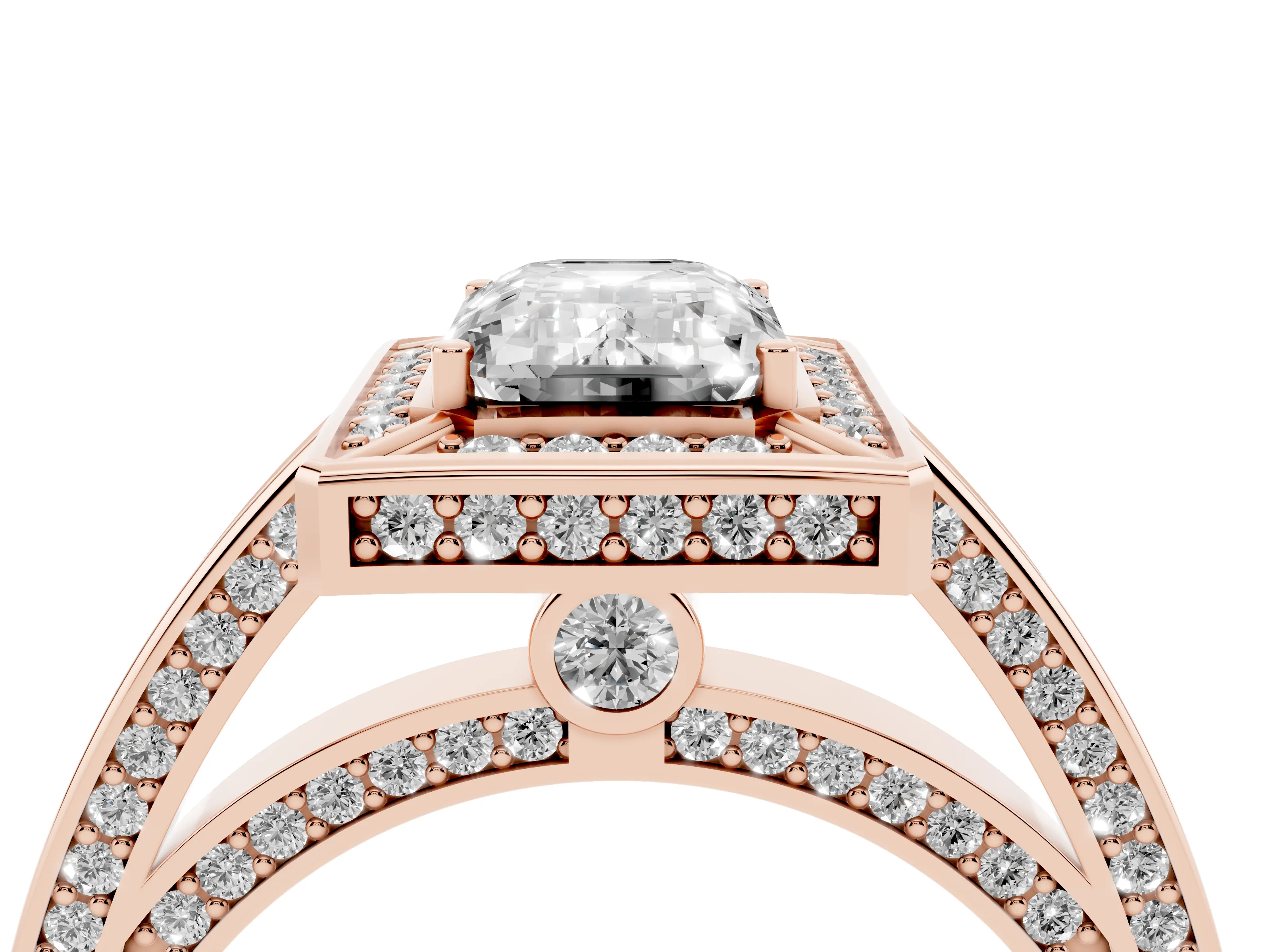Emerald Cut Diamond Halo Pavé Split Shank Ring Set in Rose gold with Prong Setting