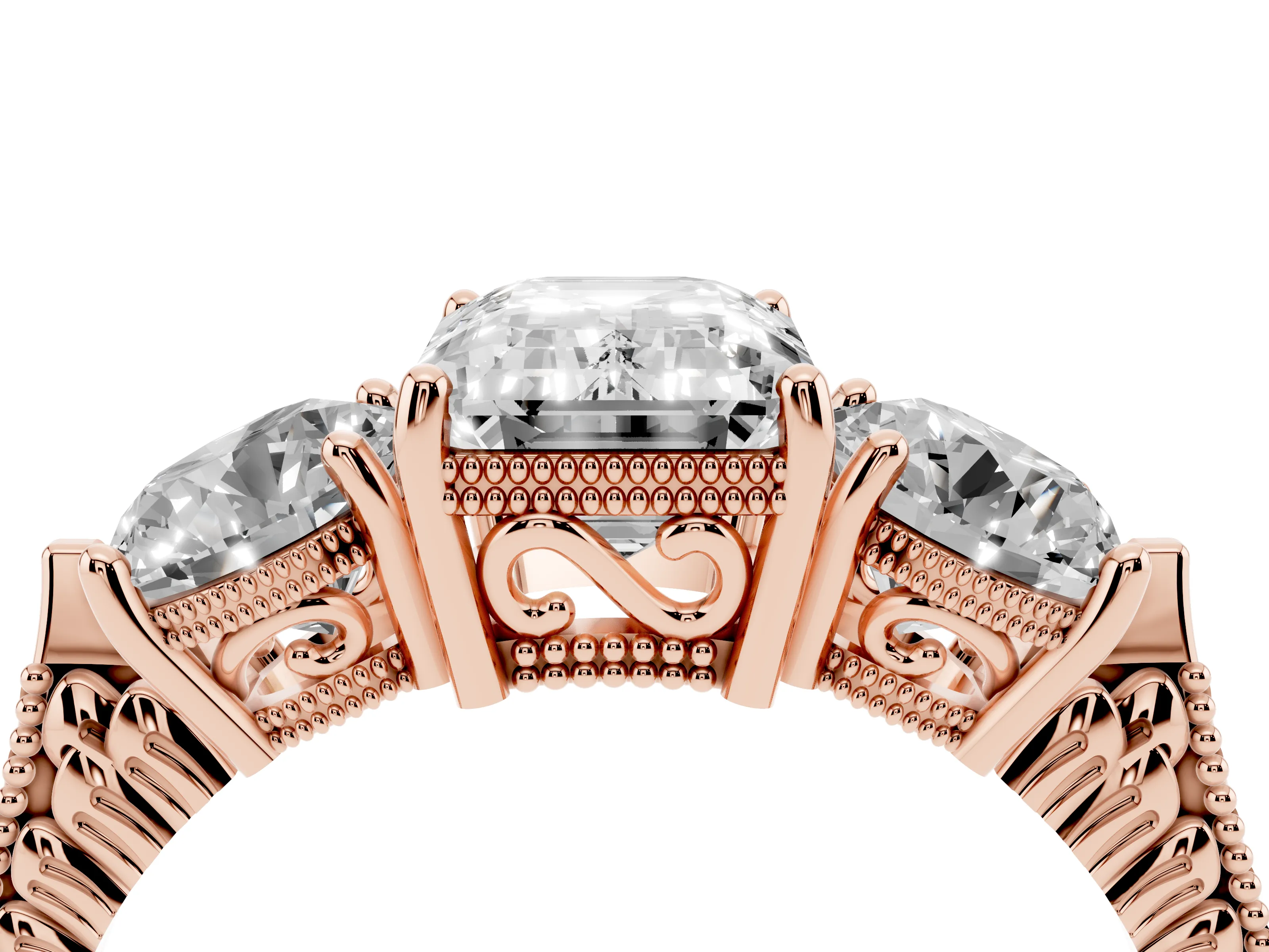 Emerald Cut Diamond Three-Stone Ring Set in Rose gold with Milgrain Band