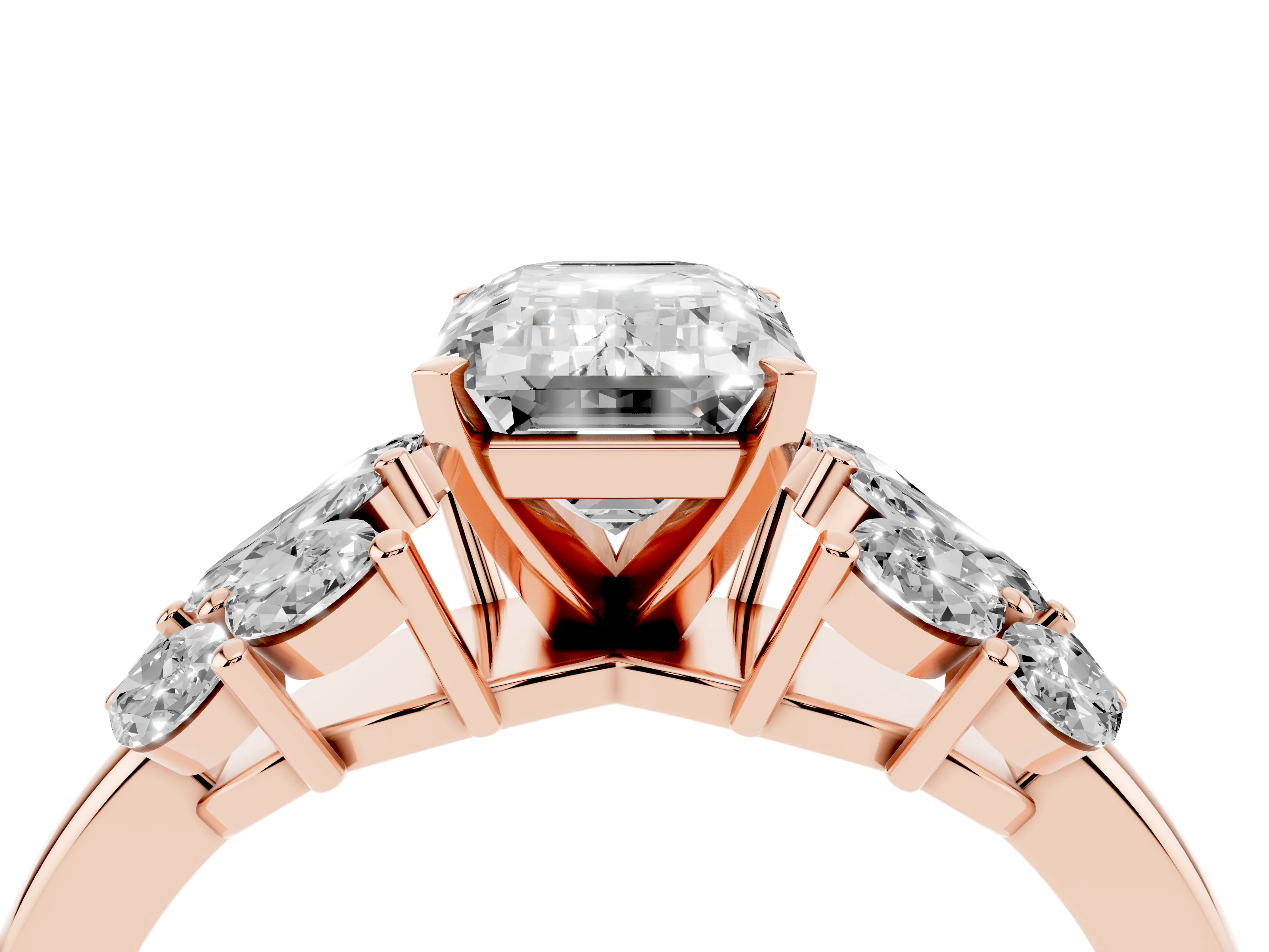 Emerald Cut Diamond Cluster Leaf Design Ring Set in Rose gold with Prong Setting