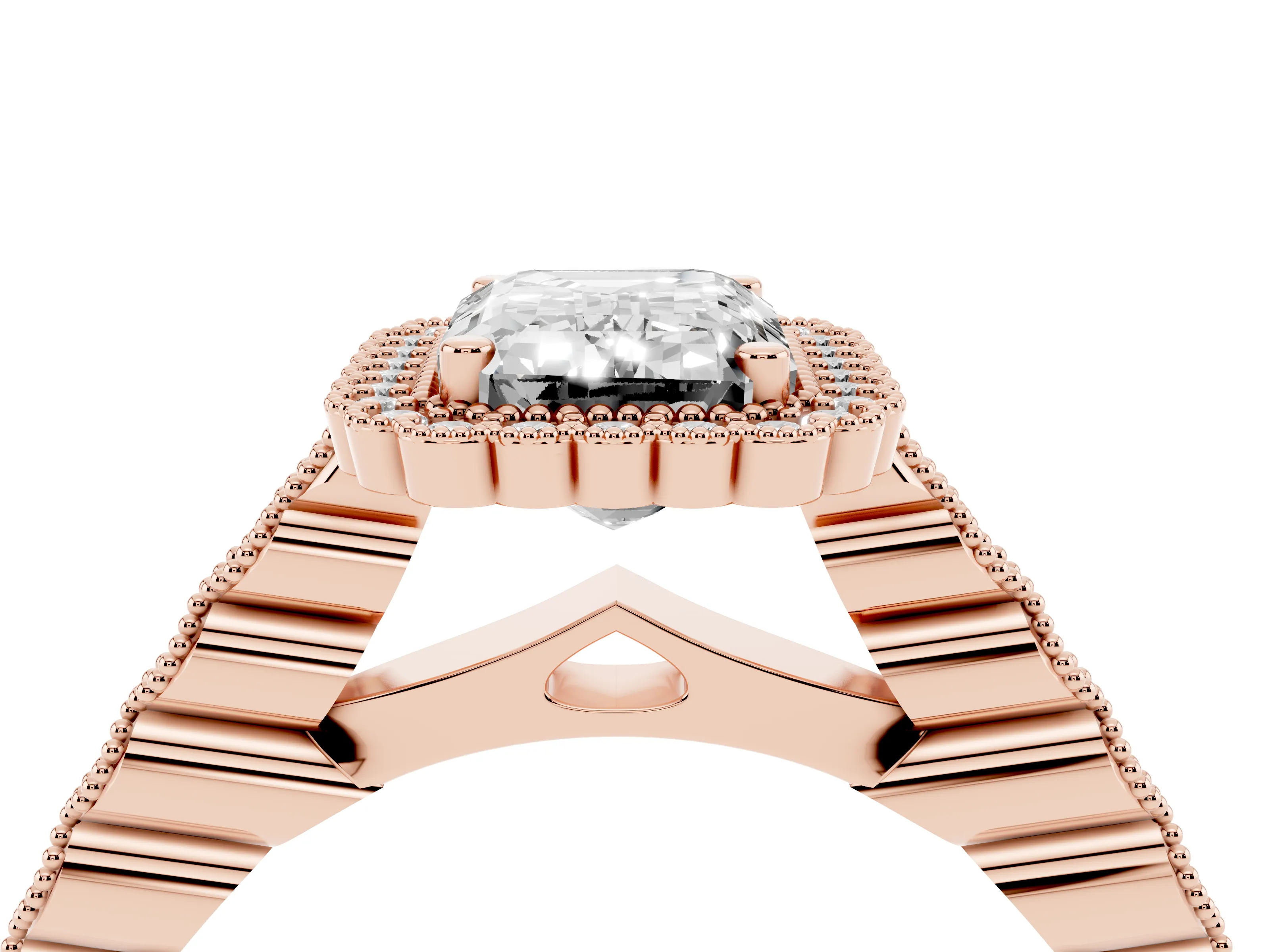 Emerald Cut Diamond Halo Ring Set in Rose gold with Pavé Milgrain Band