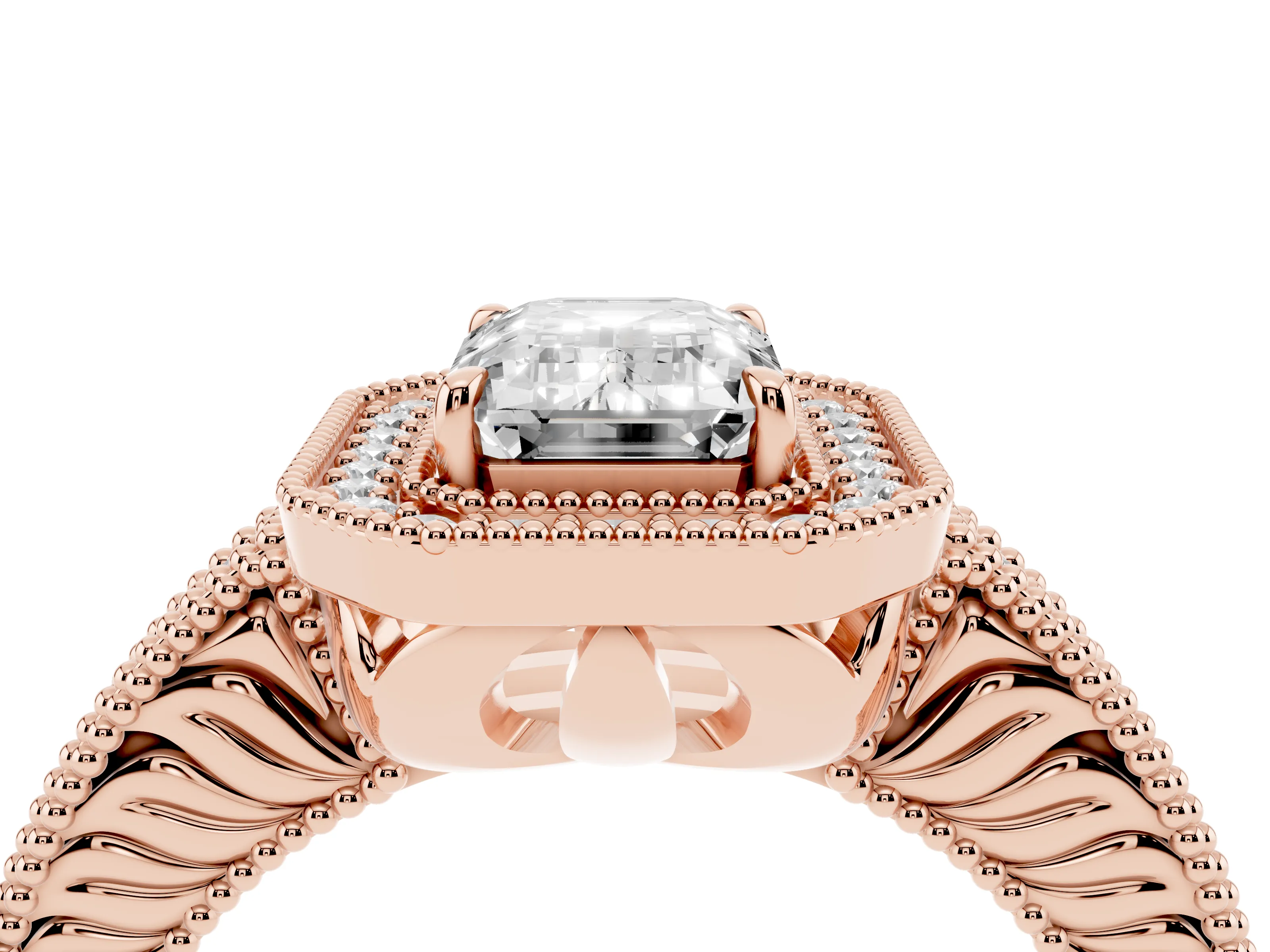 Emerald Cut Diamond Halo Ring Set in Rose gold with Round Accent Halo, Pavé Band and Prong Setting