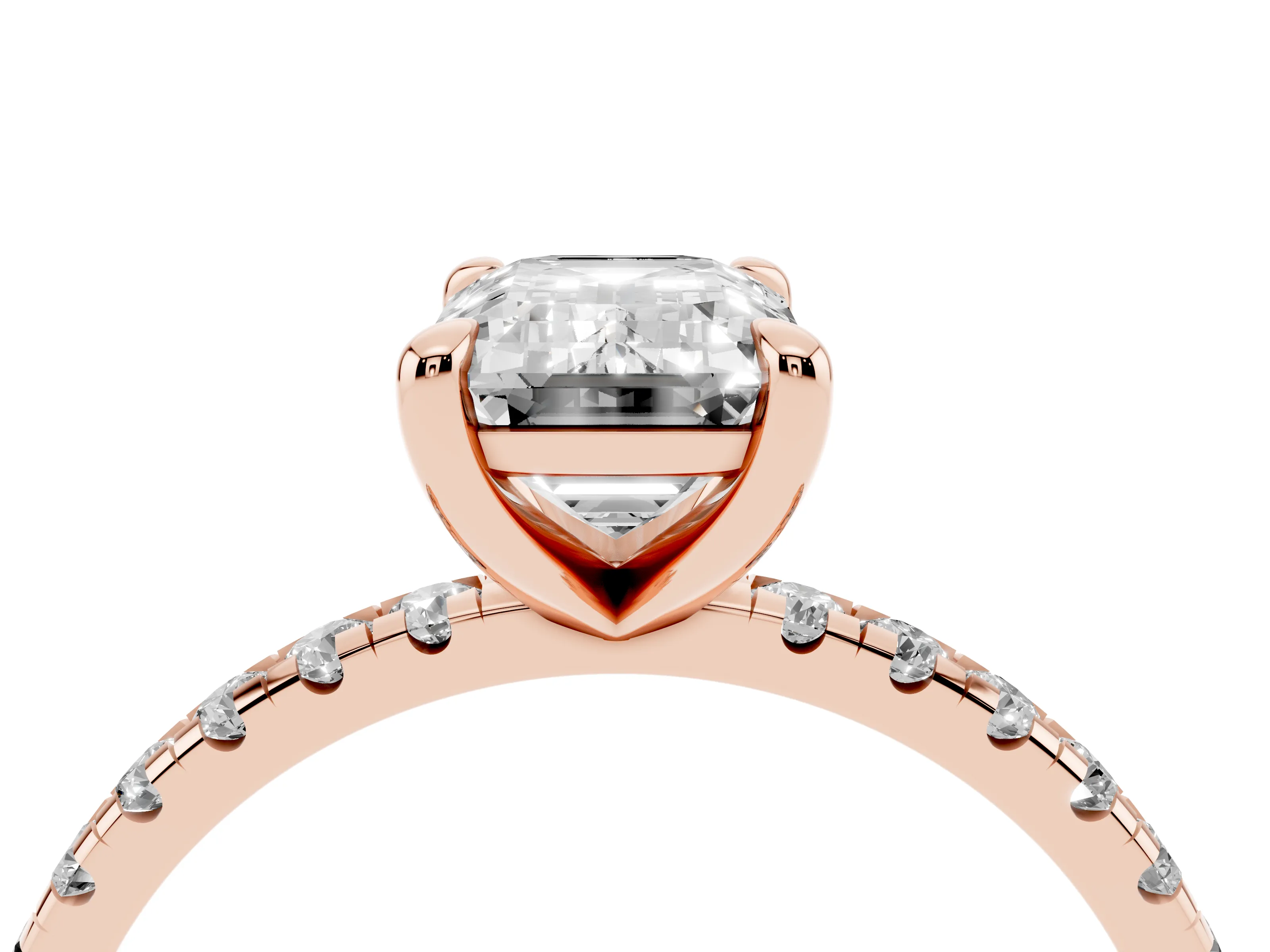 Emerald Cut Diamond Brilliant Solitaire Ring Set in Rose gold with Pavé Band and Prong Setting