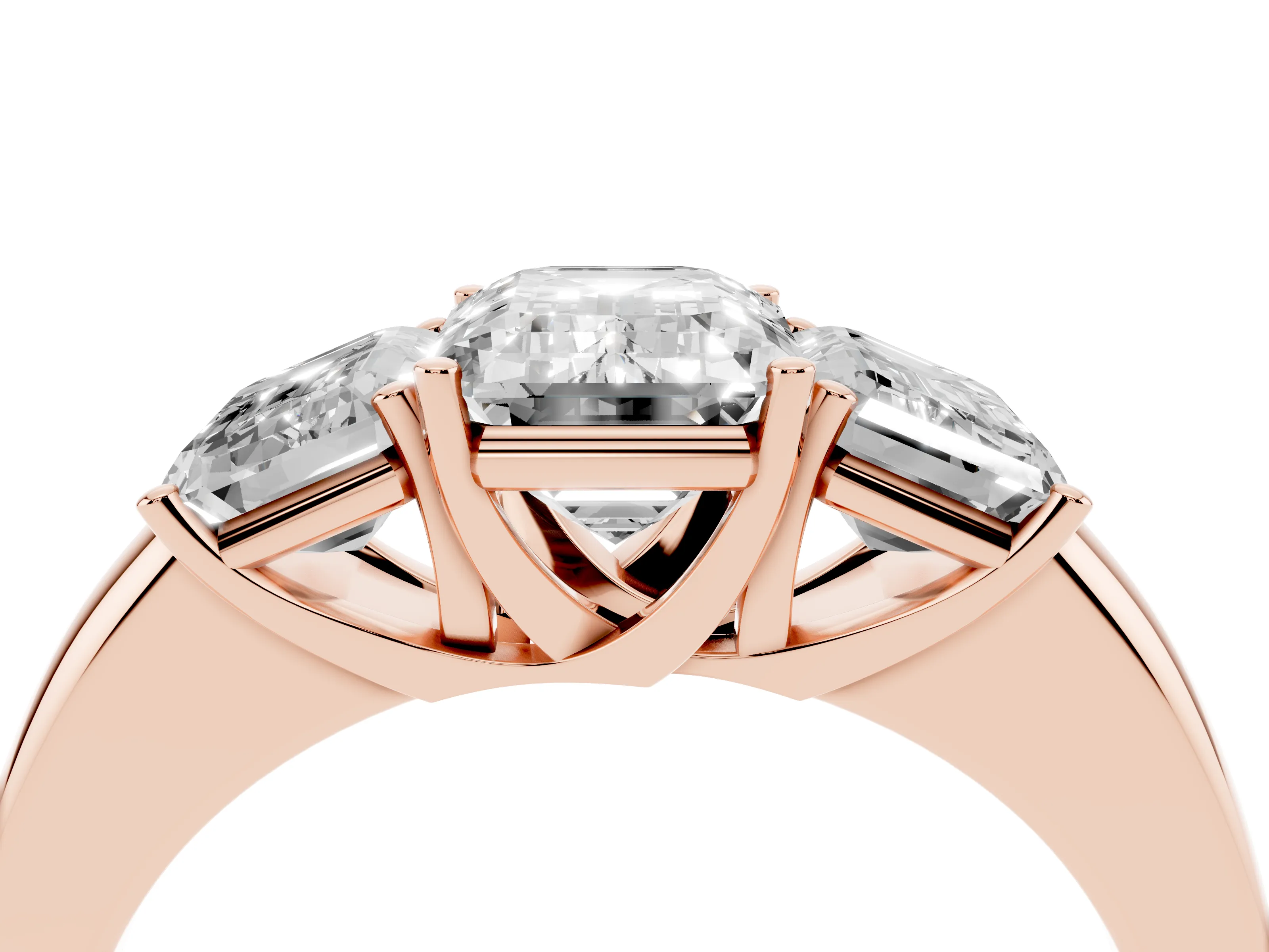 Emerald Cut Diamond Three-Stone Ring Set in Rose gold with Bold Center and Classic Band