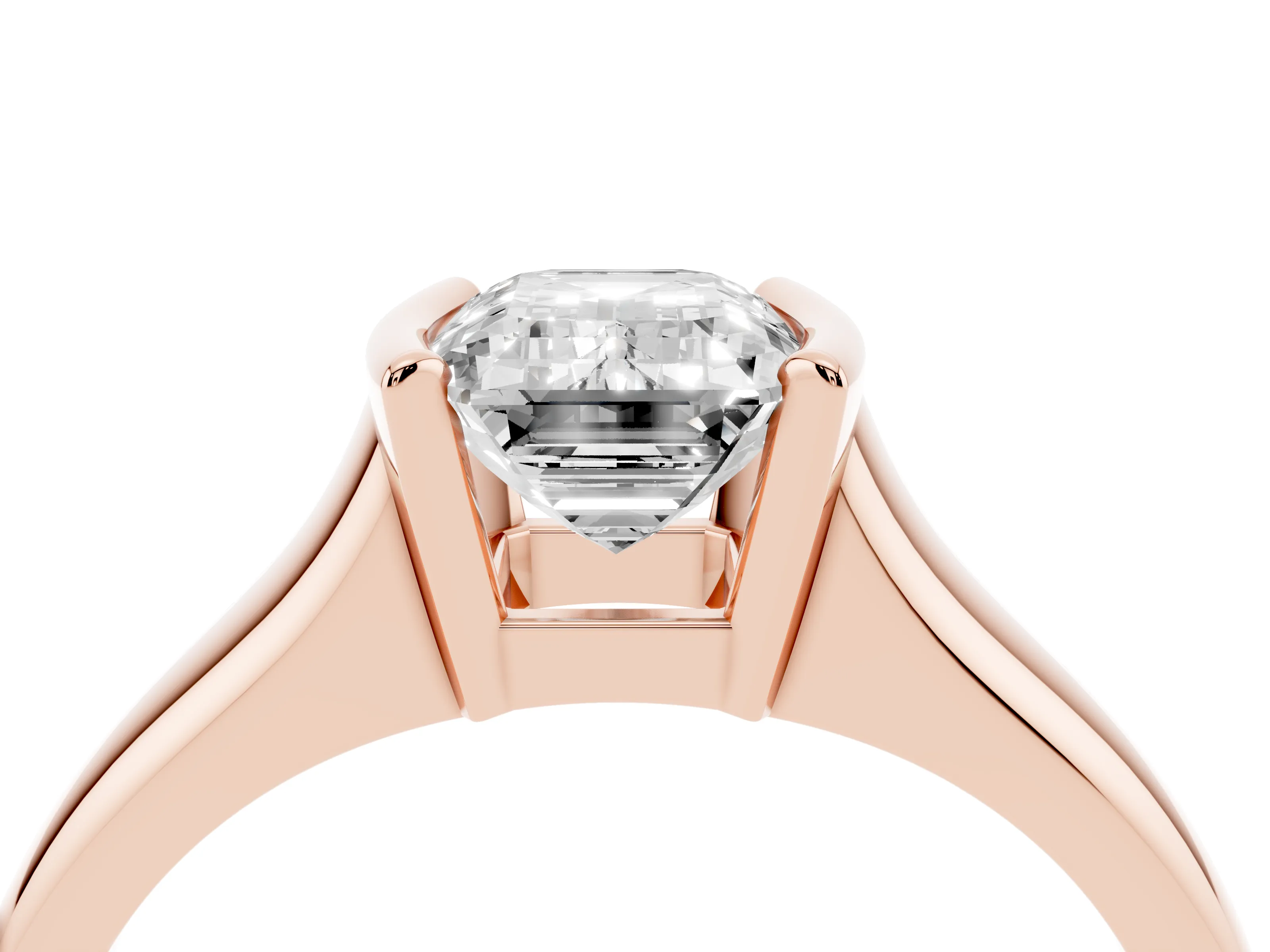 Emerald Cut Diamond Solitaire Tension Set Ring Set in Rose gold with Split Shank Band