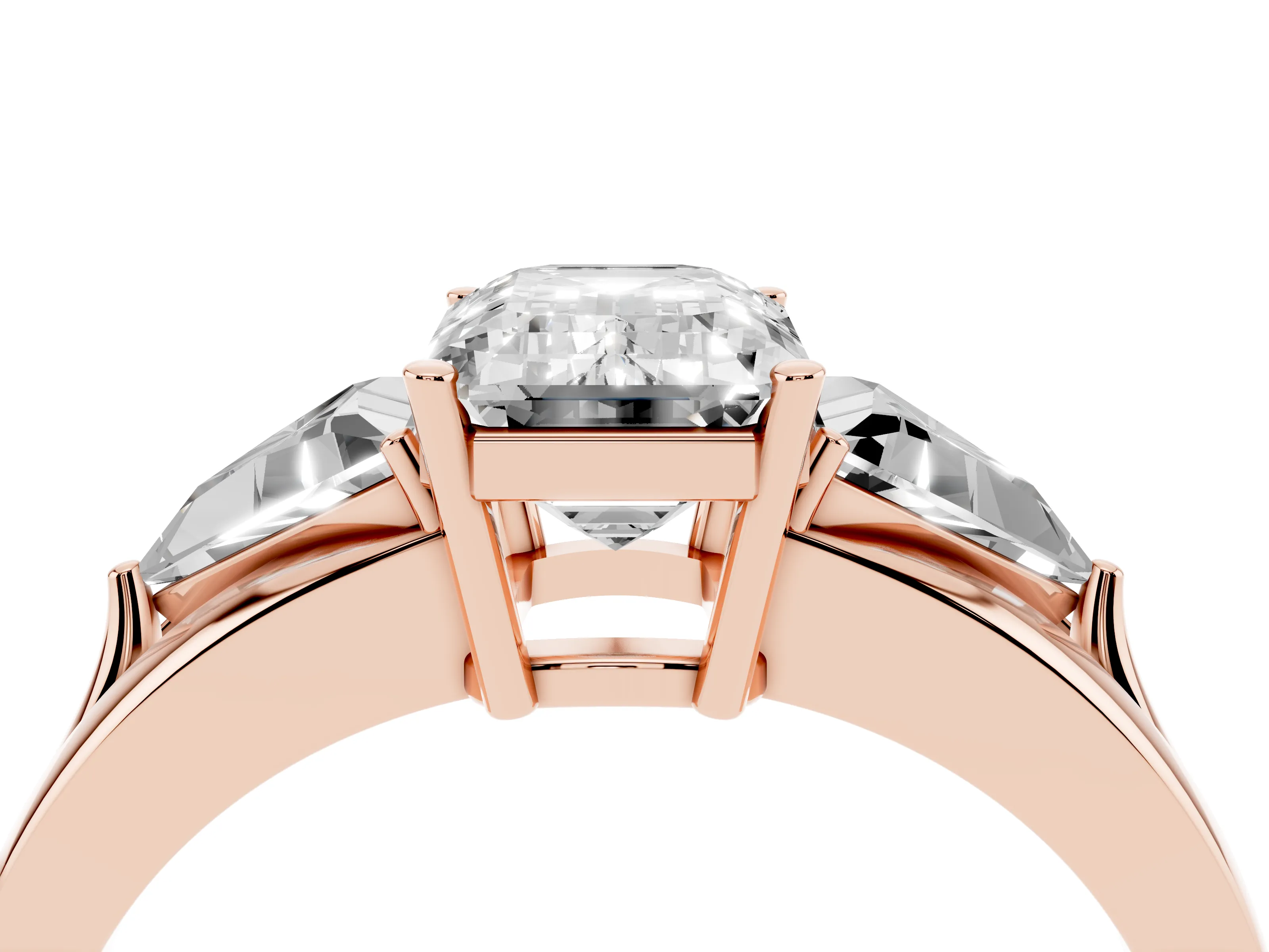 Emerald Cut Diamond Three-Stone Ring Set in Rose gold with Trillion Side Stones and Split Shank