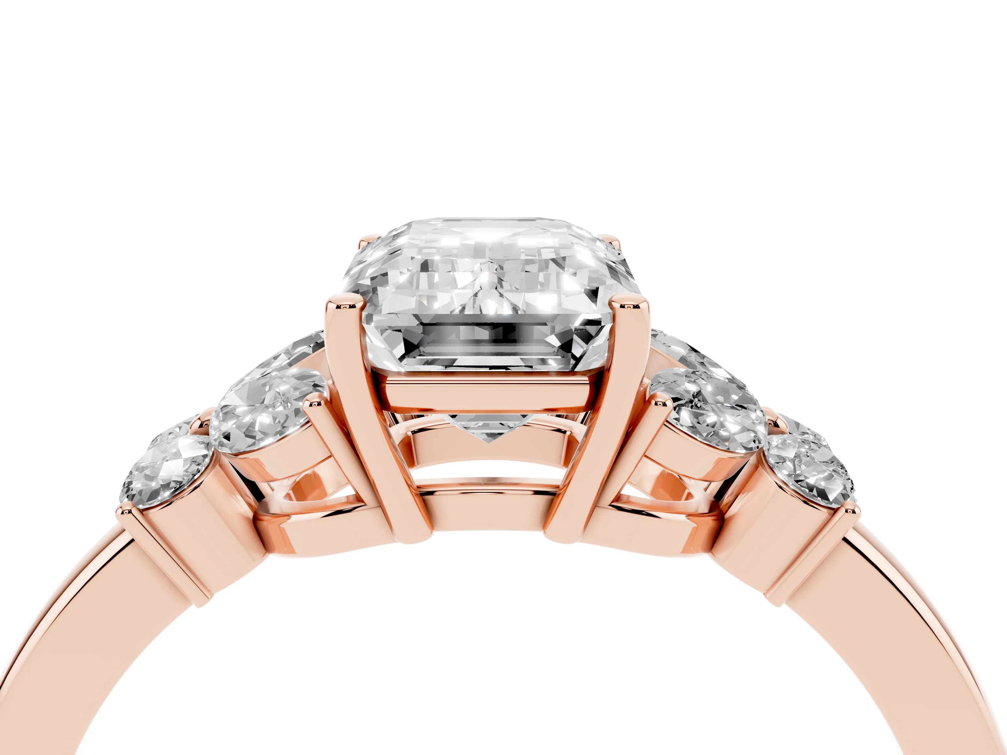 Emerald Cut Diamond Solitaire Floral Ring Set in Rose gold with Marquise Petals and Prong Setting