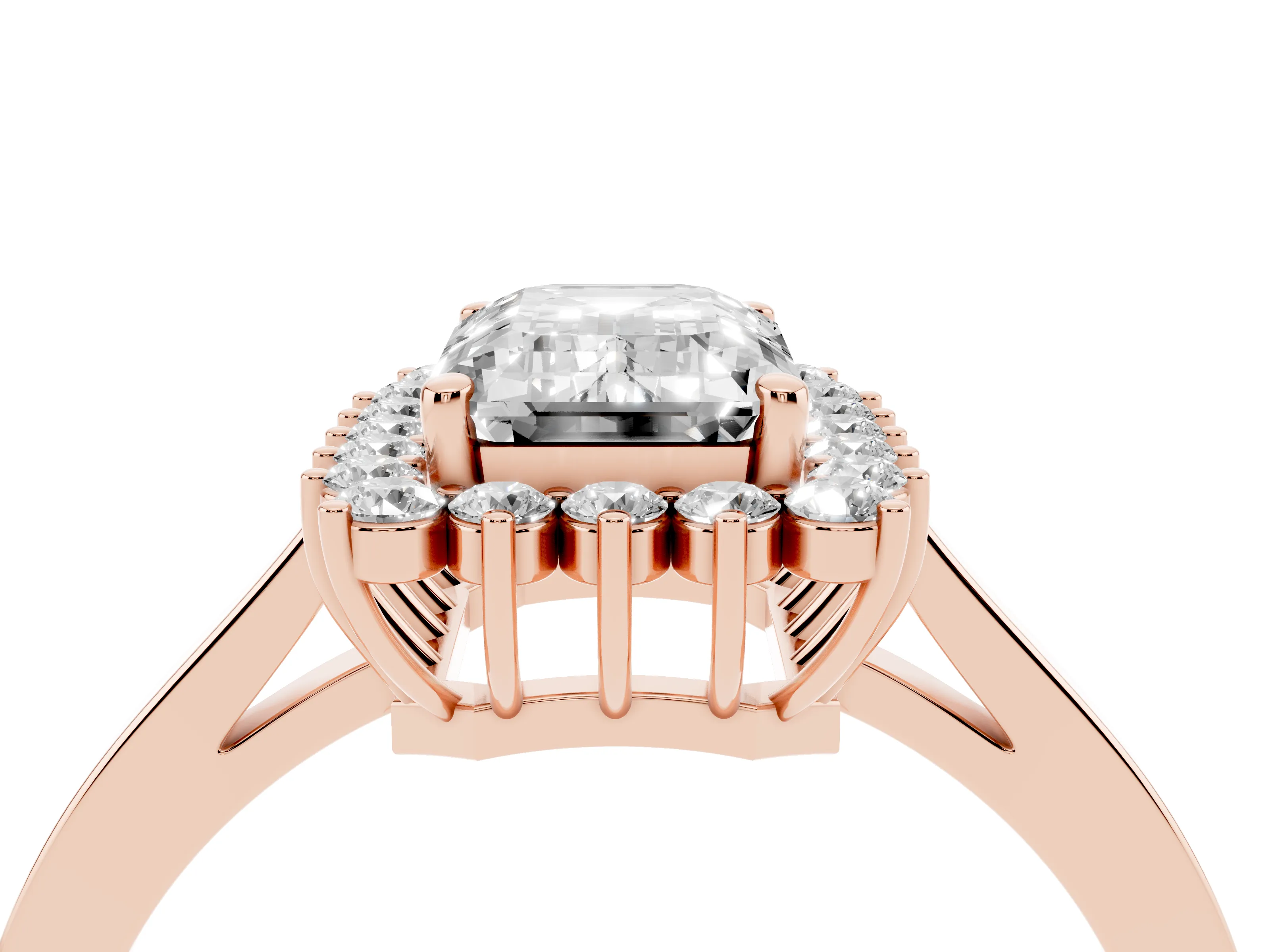 Emerald Cut Diamond Halo Ring Set in Rose gold with Round Halo and Smooth Solitaire Band