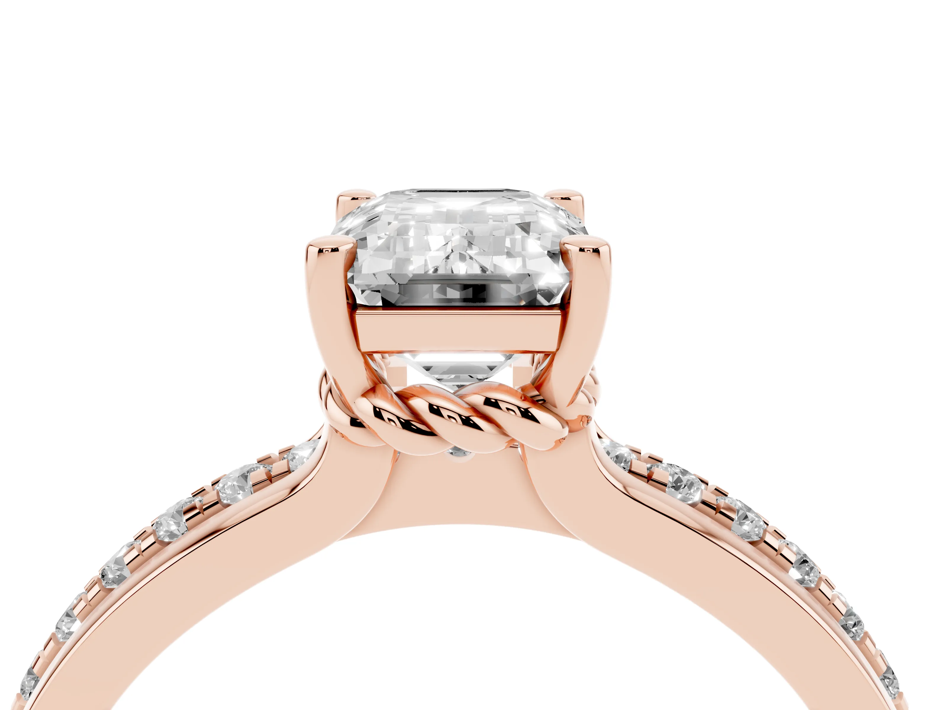 Emerald Cut Diamond Solitaire Ring Set in Rose gold with Channel Set Band and Prong Setting