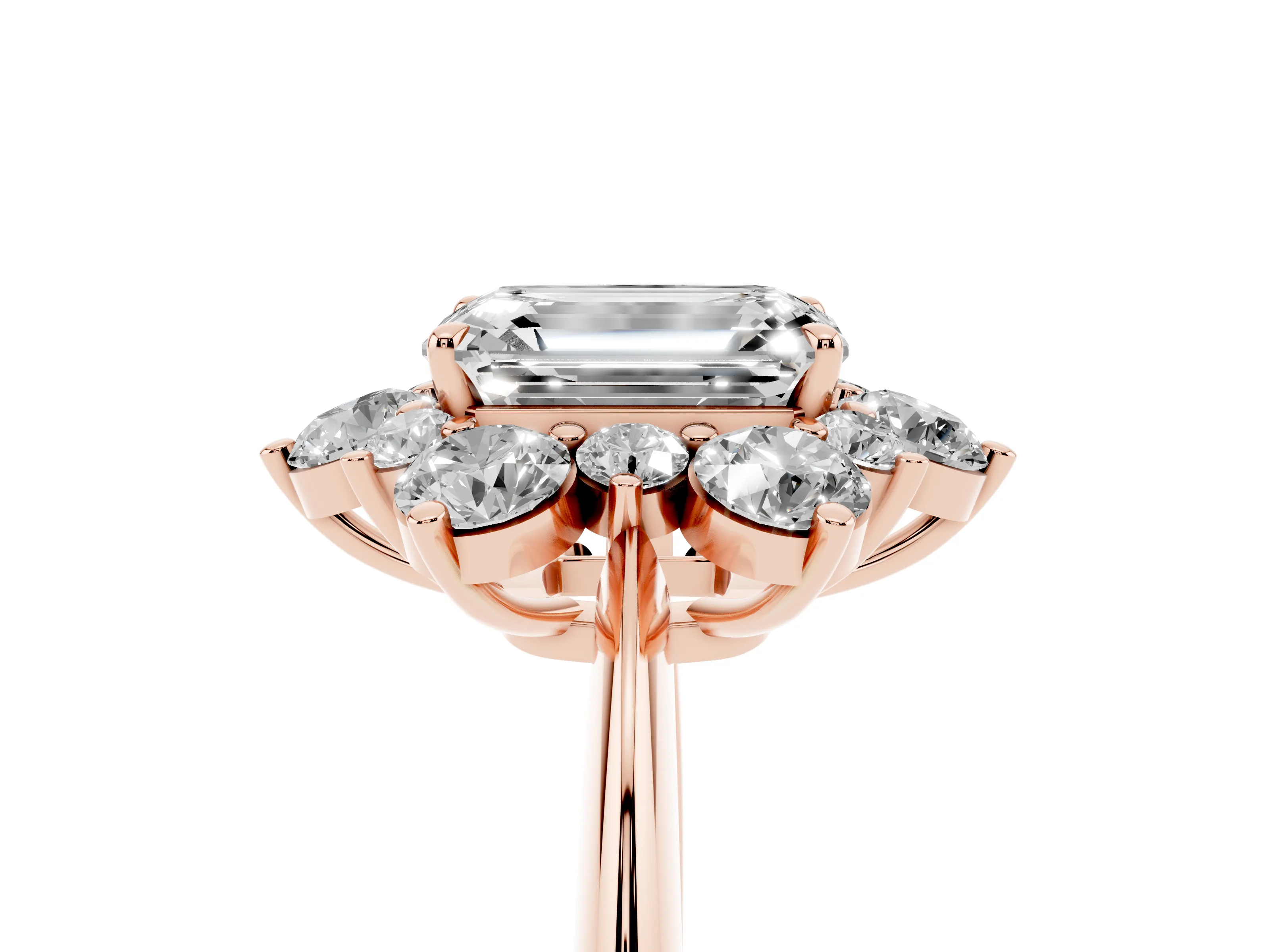 Emerald Cut Diamond Cluster Halo Ring Set in Rose gold with Solitaire Band and Prong Setting