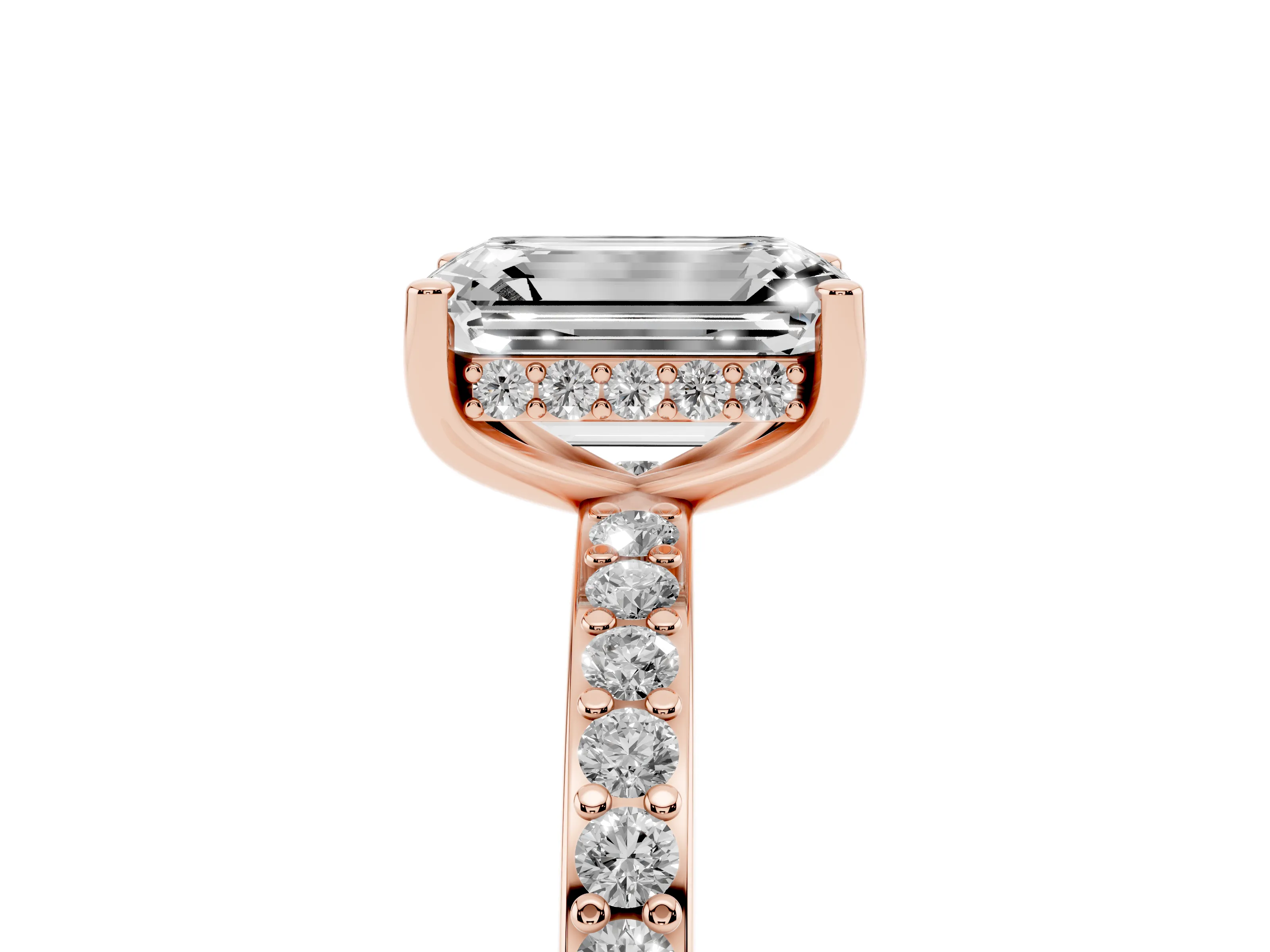 Emerald Cut Diamond Pavé Band Ring Set in Rose gold with Prong-Set Center Stone