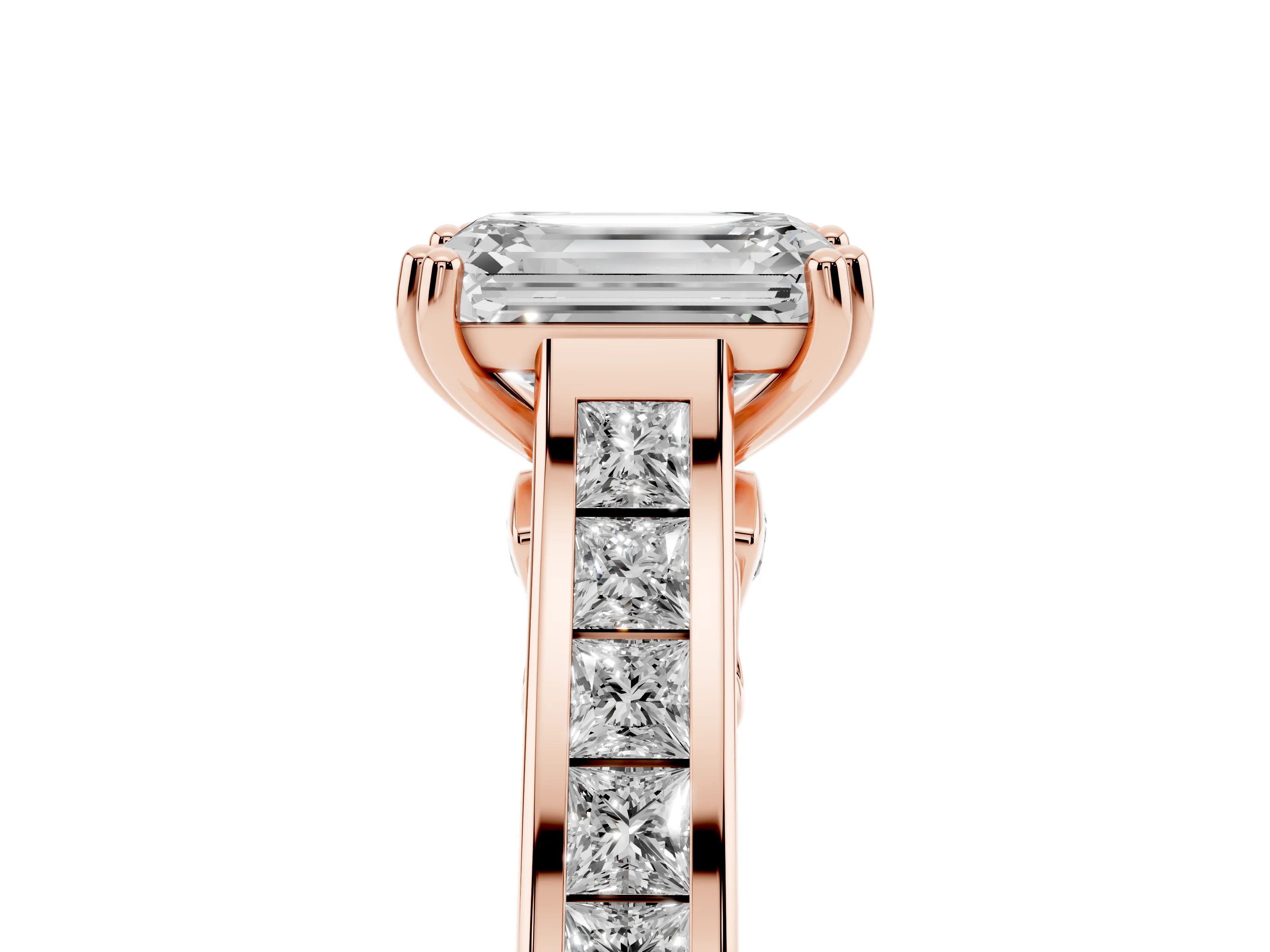Emerald Cut Diamond Channel Set Solitaire Engagement Ring Set in Rose gold with Prong Setting