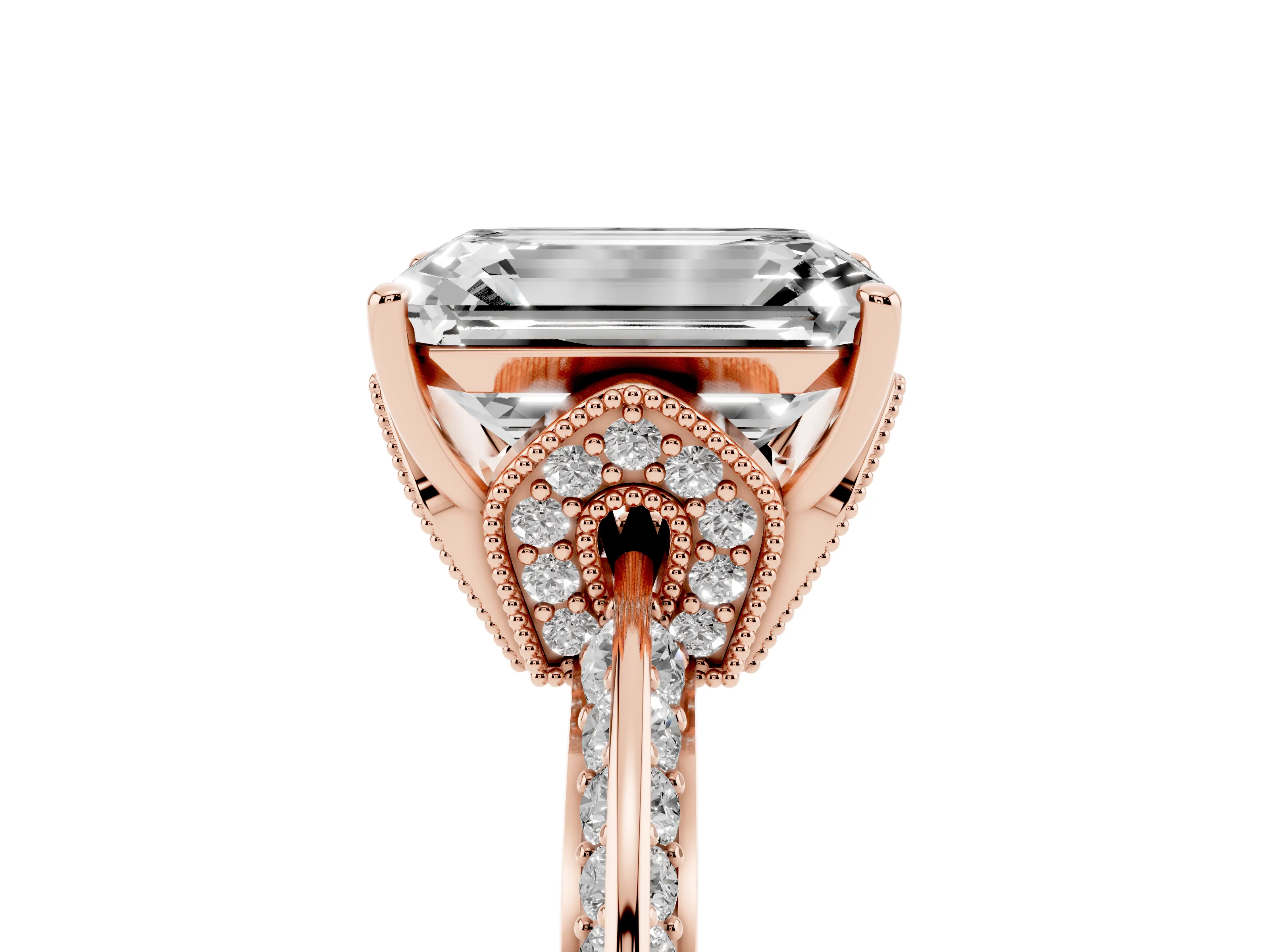 Emerald Cut Diamond Solitaire Engagement Ring Set in Rose gold with Pavé Split Shank and Prong Setting