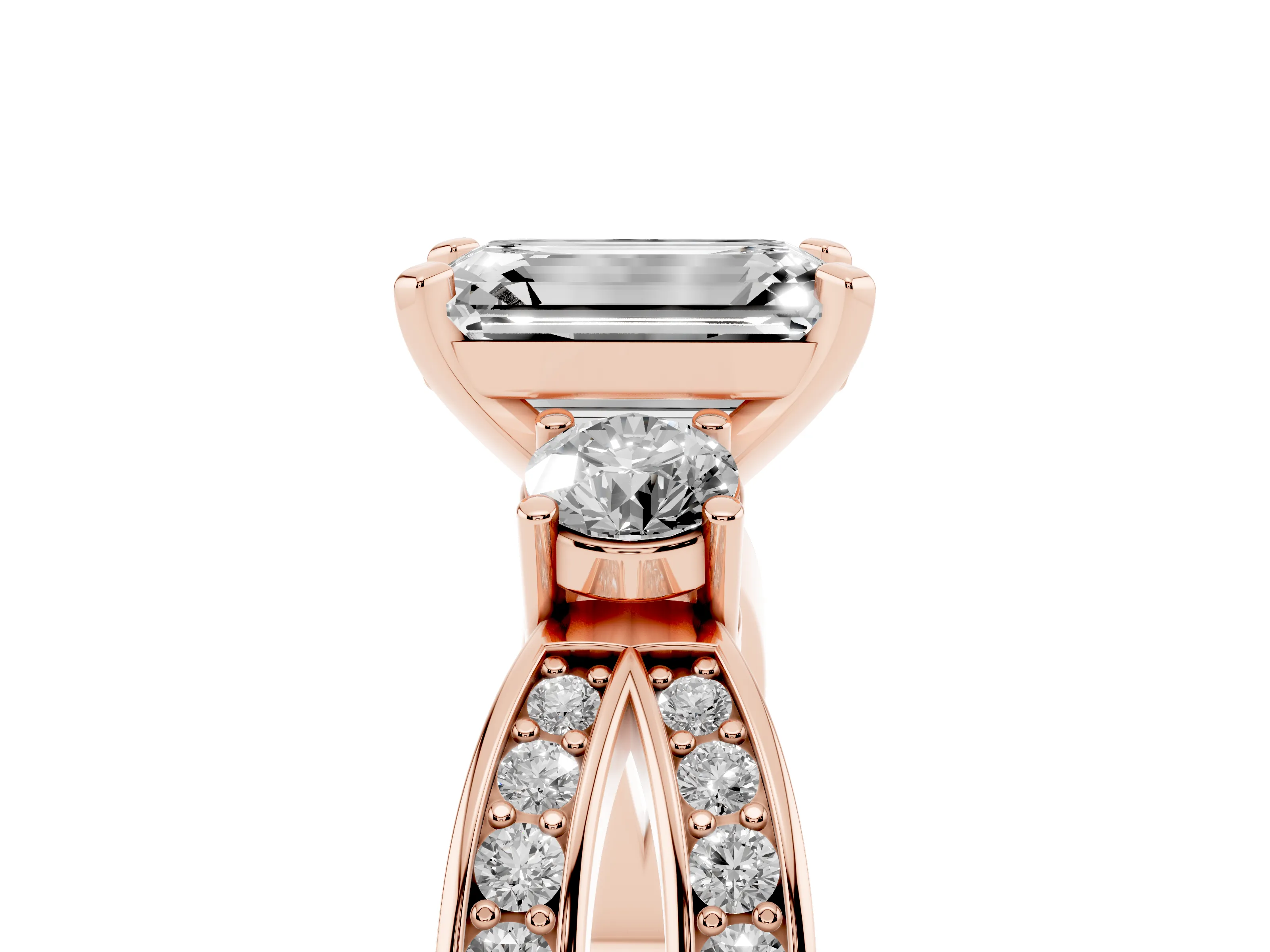 Three-Stone Emerald Cut Diamond Twist Band Ring Set in Rose gold with Pavé Accents and Prong Setting