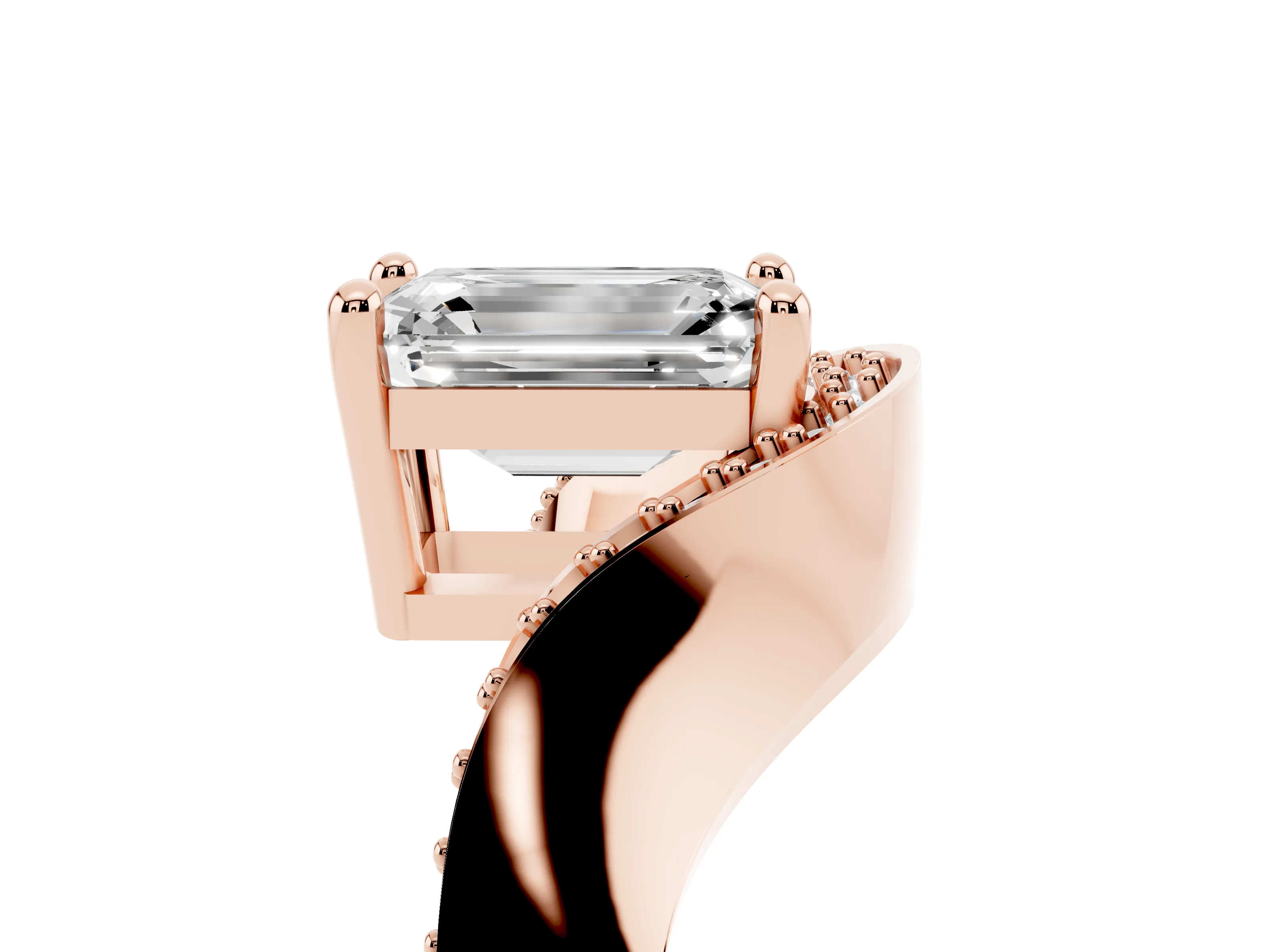 Emerald Cut Diamond Solitaire Engagement Ring Set in Rose gold with Pavé Shoulders