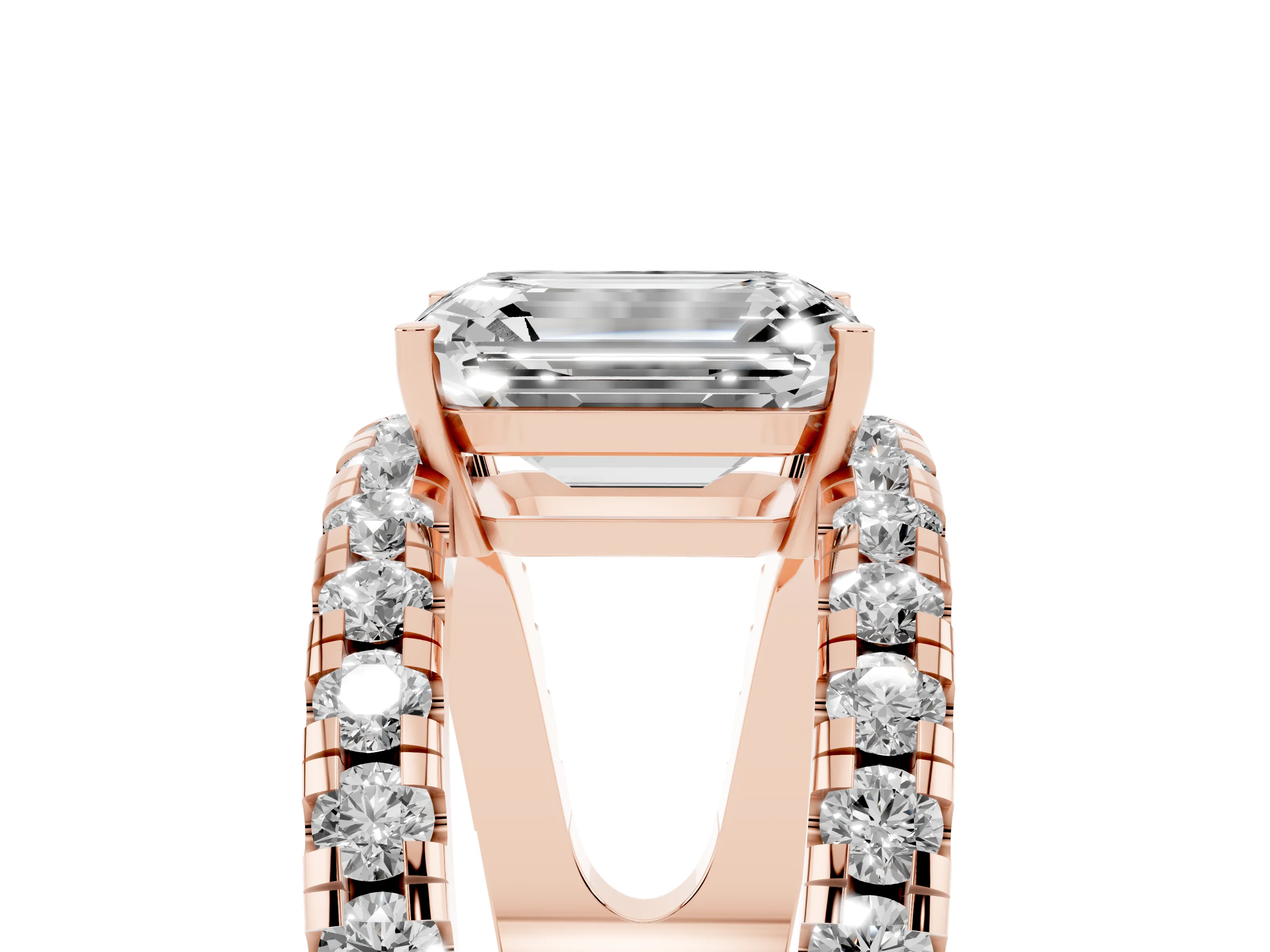 Emerald Cut Diamond Split Shank Pavé Solitaire Ring Set in Rose gold with Open Shank Design