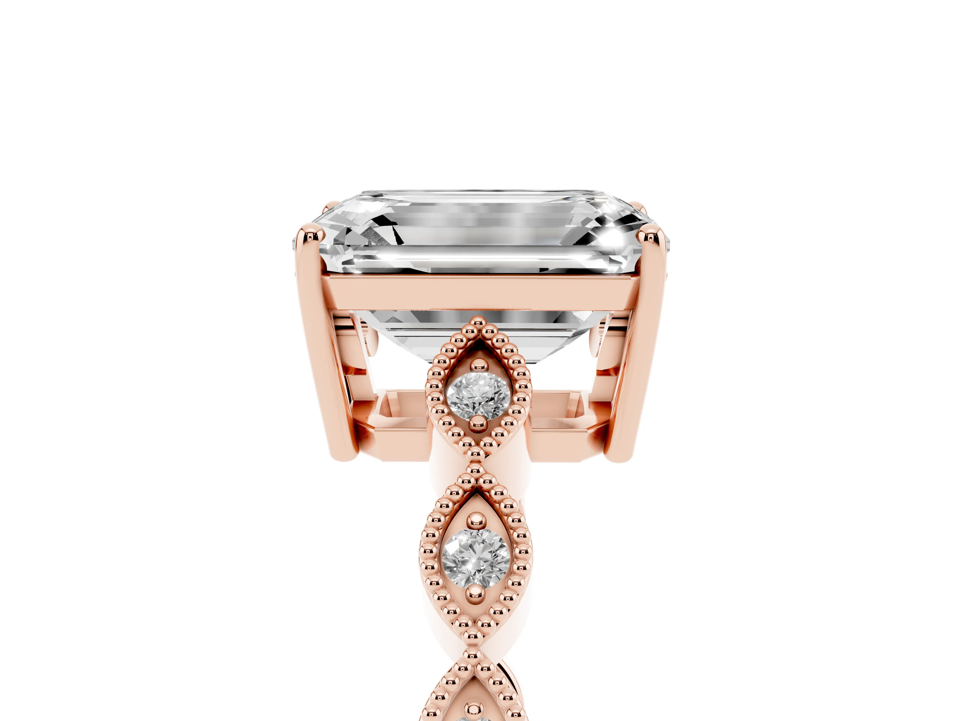 Emerald Cut Diamond Solitaire Ring Set in Rose gold with Infinity Twist Pavé Band