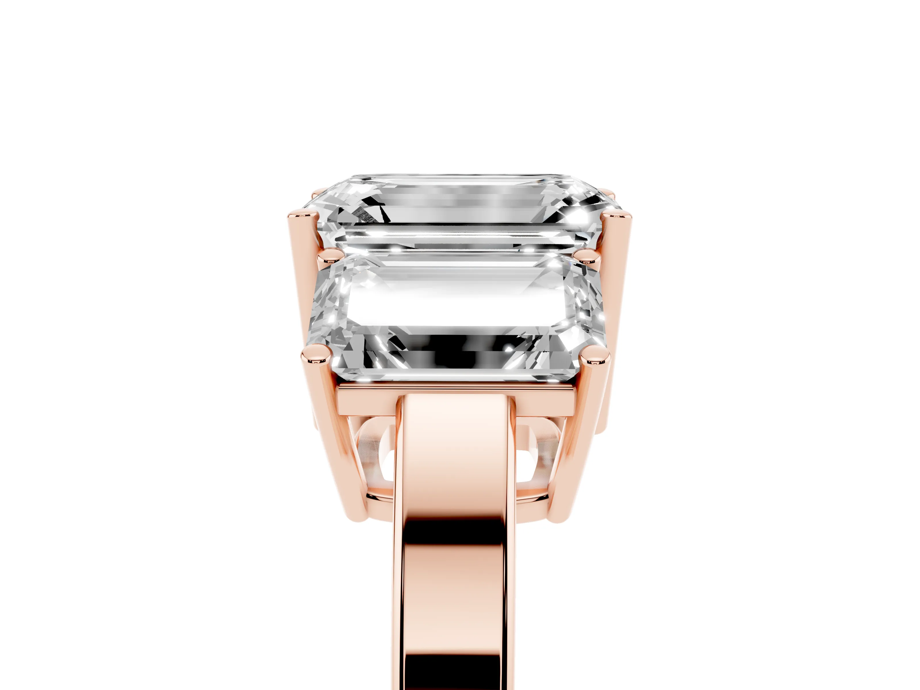 Emerald Cut Diamond Three-Stone Engagement Ring Set in Rose gold with Flat Band