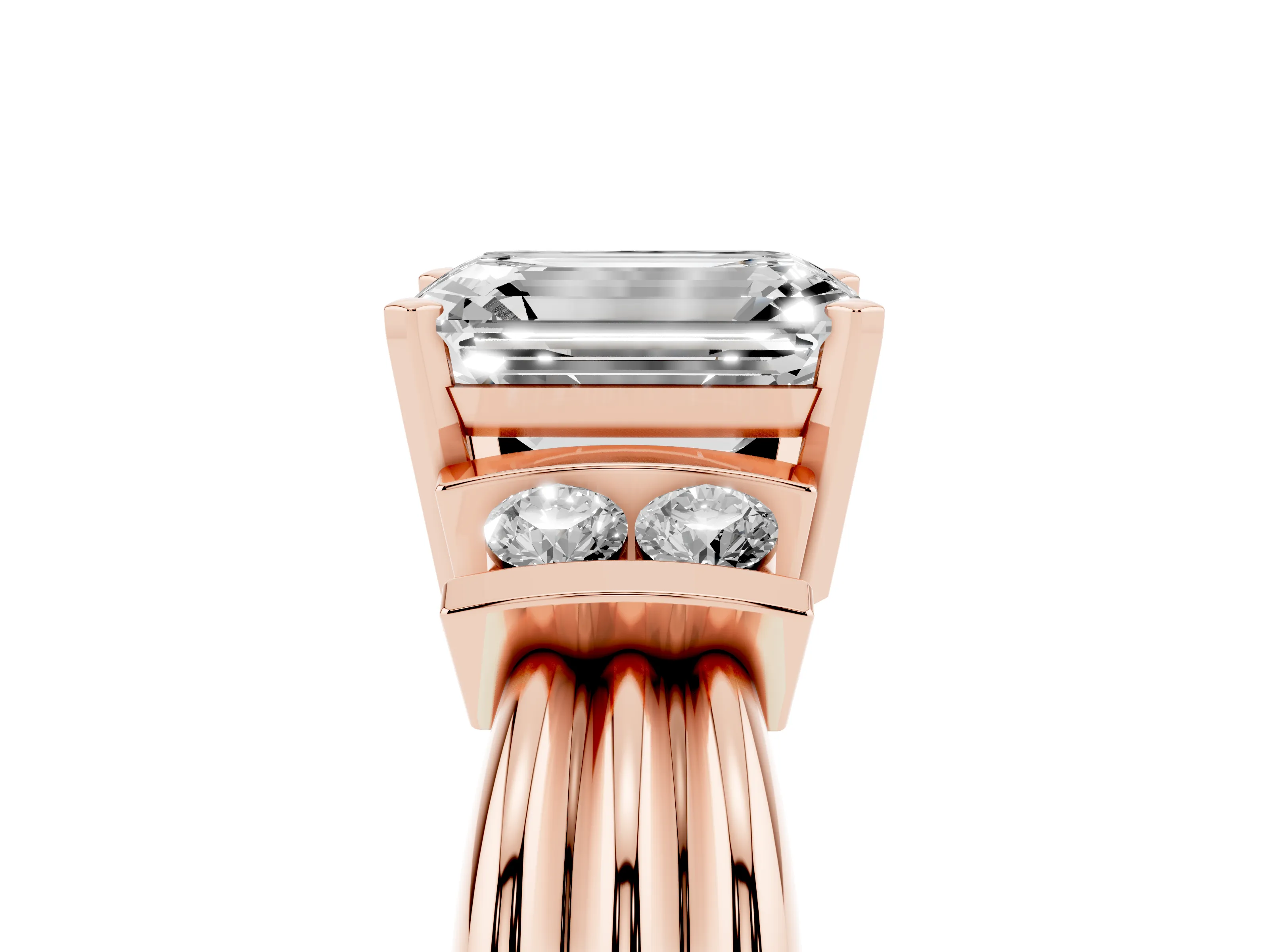 Three-Stone Emerald Cut Diamond Channel Set Ring Set in Rose gold with Bar Prongs