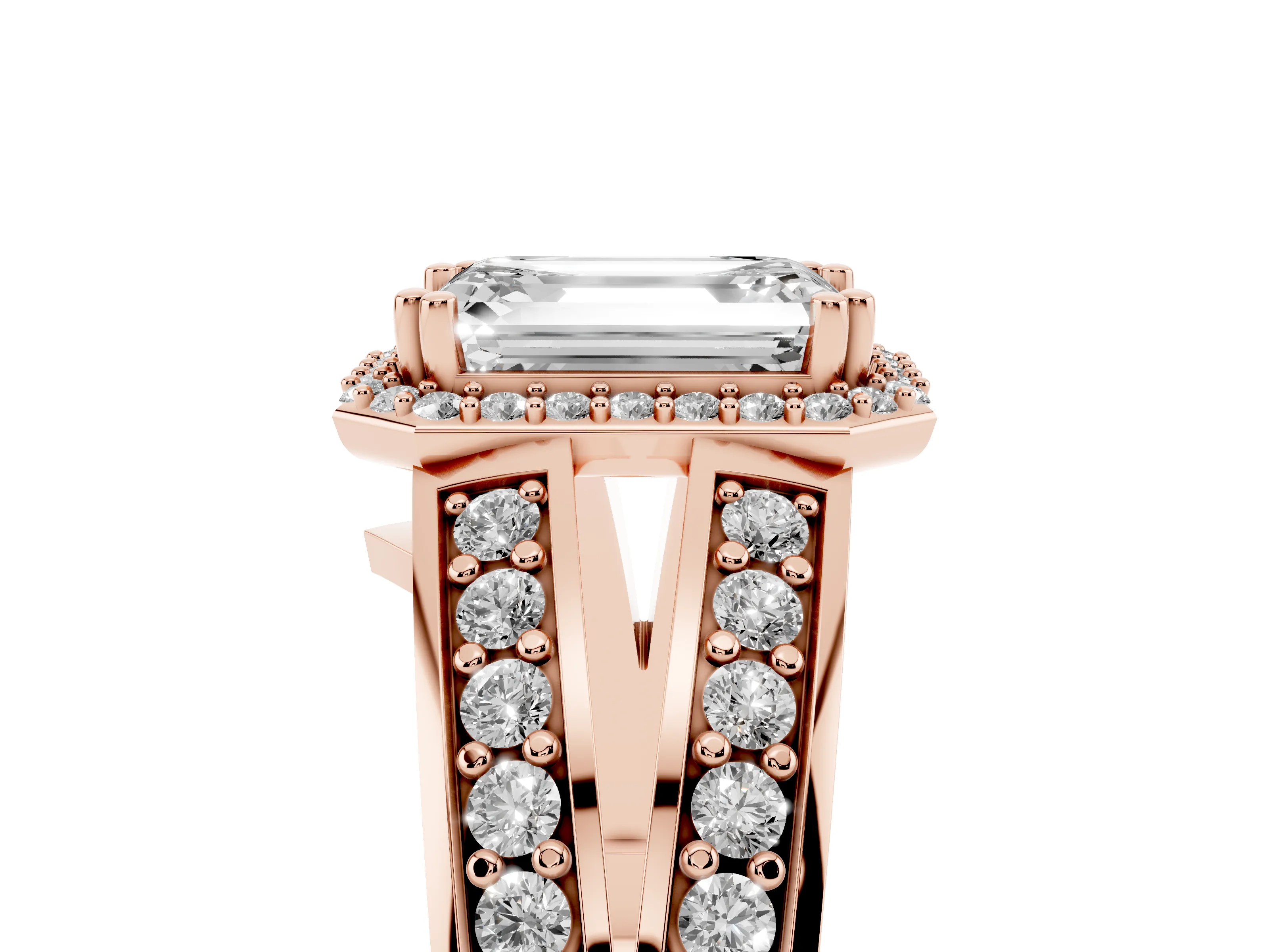 Emerald Cut Diamond Halo Ring Set in Rose gold with Double Pavé Split Shank