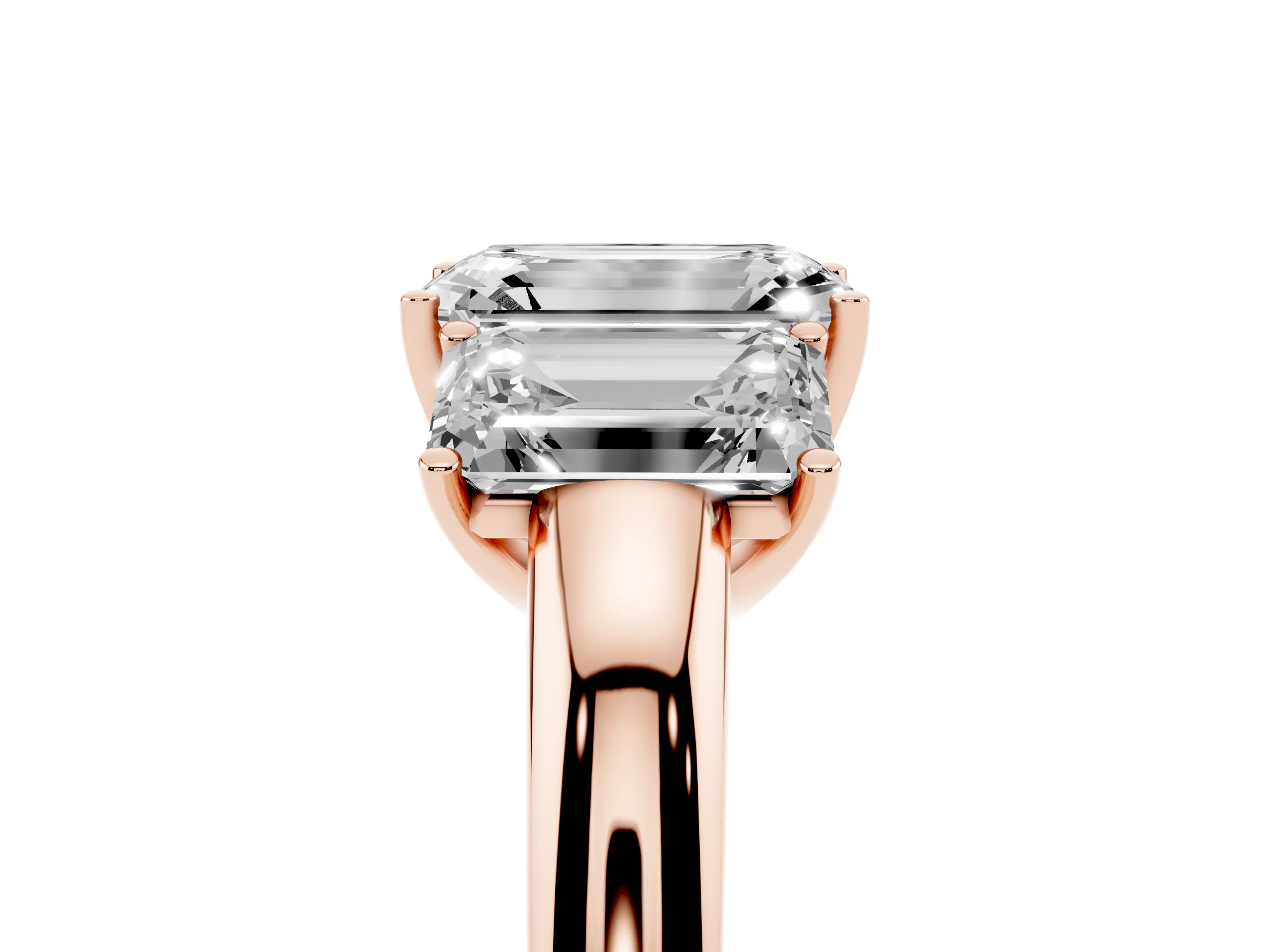 Emerald Cut Diamond Three-Stone Ring Set in Rose gold with Bold Center and Classic Band