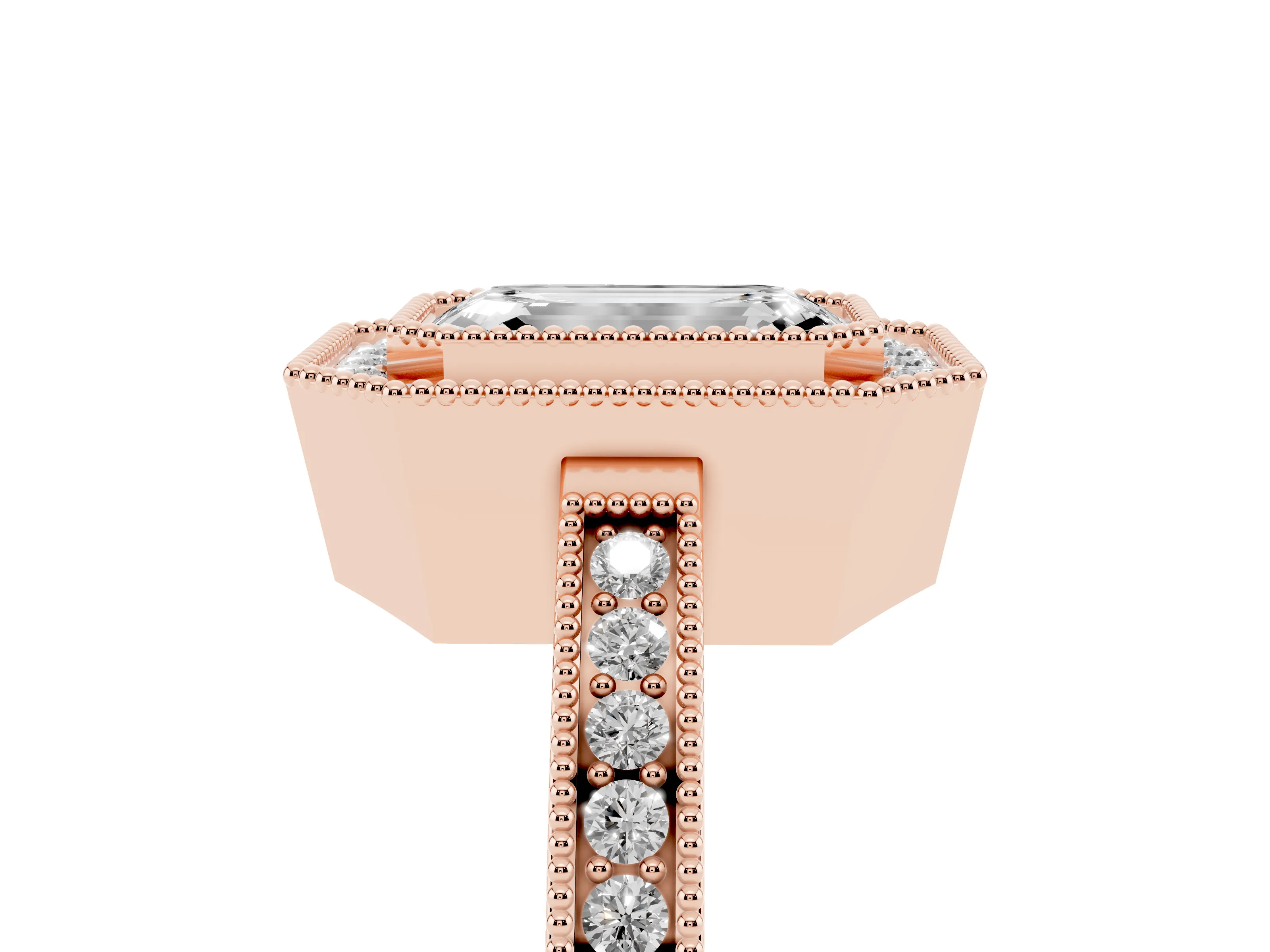 Emerald Cut Diamond Halo Ring Set in Rose gold with Pavé Band and Milgrain-Edged Prongs