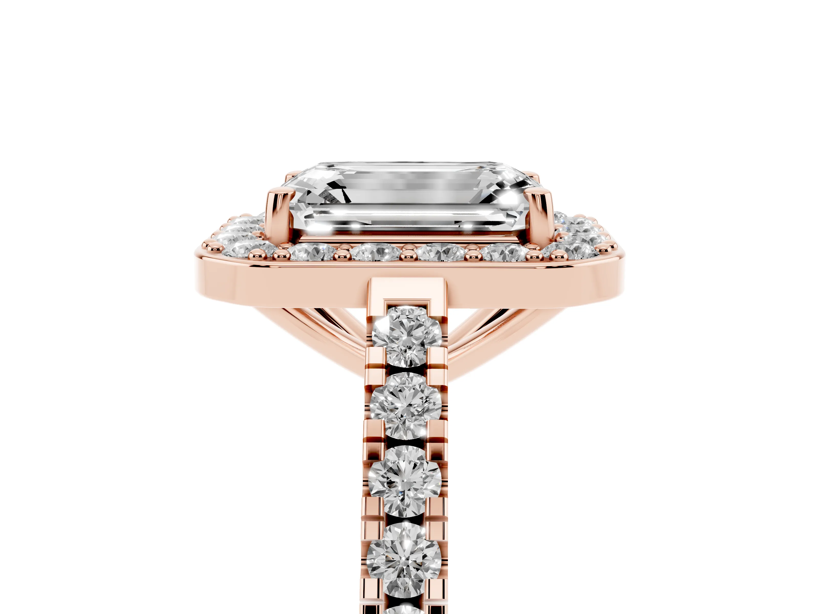 Emerald Cut Diamond Halo Ring Set in Rose gold with Round Pavé Split Shank and Prong Setting