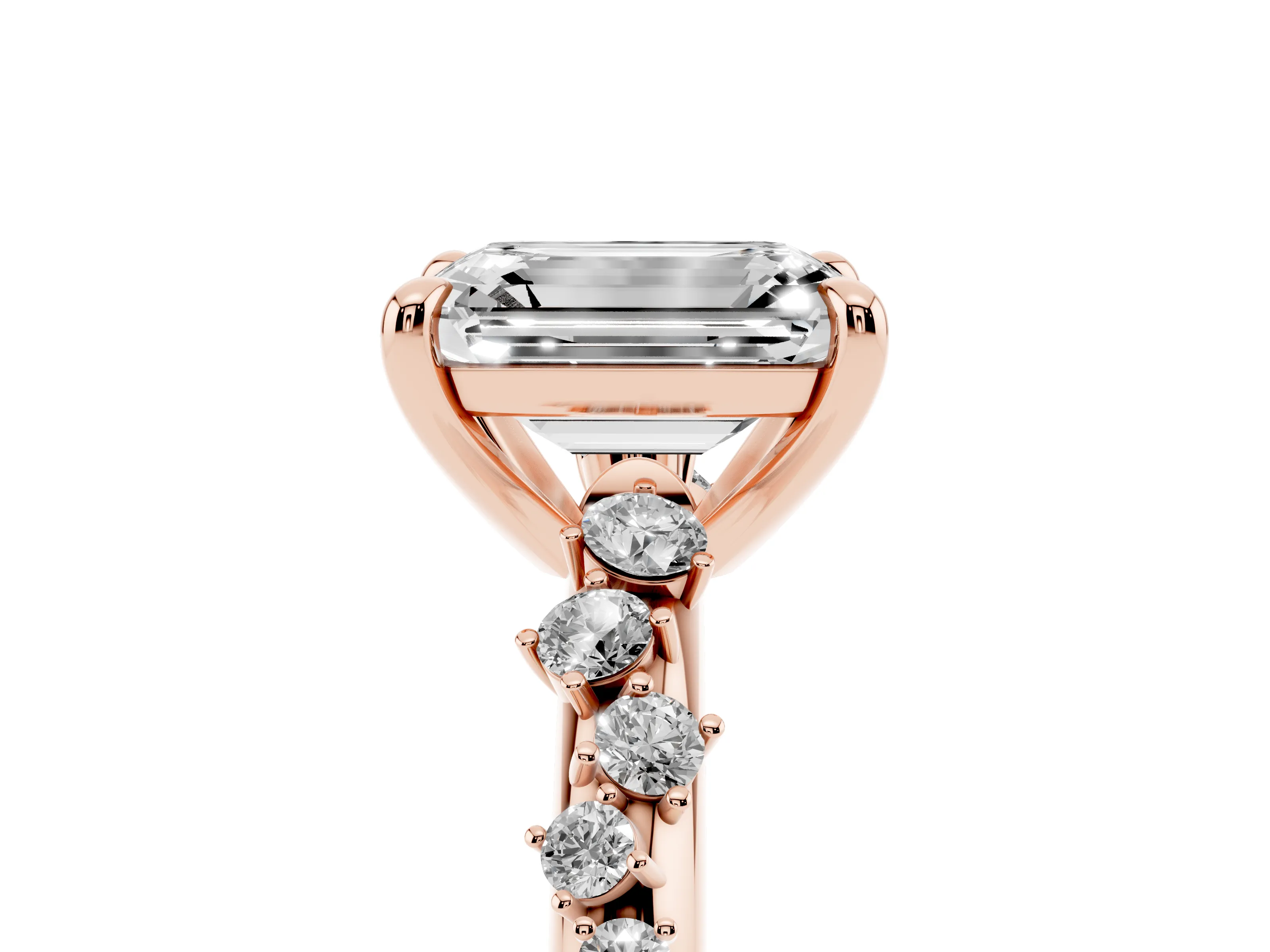 Emerald Cut Diamond Solitaire Vine Band Ring Set in Rose gold with Round Accents and Prong Setting