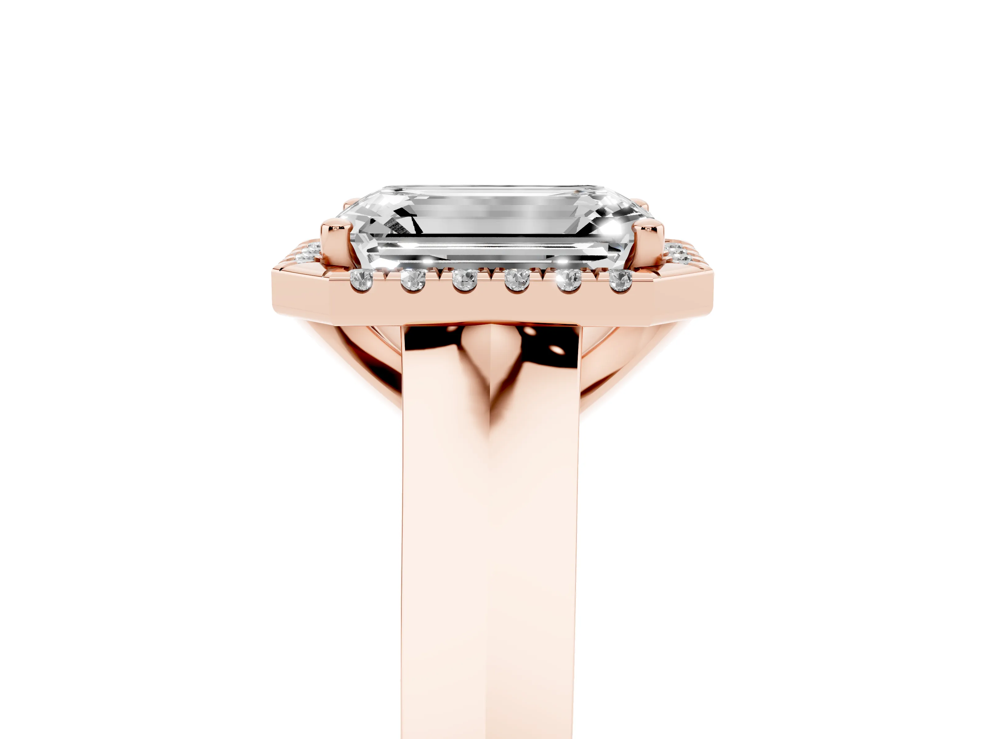 Emerald Cut Diamond Halo Ring Set in Rose gold with Cathedral Band and Prong Setting