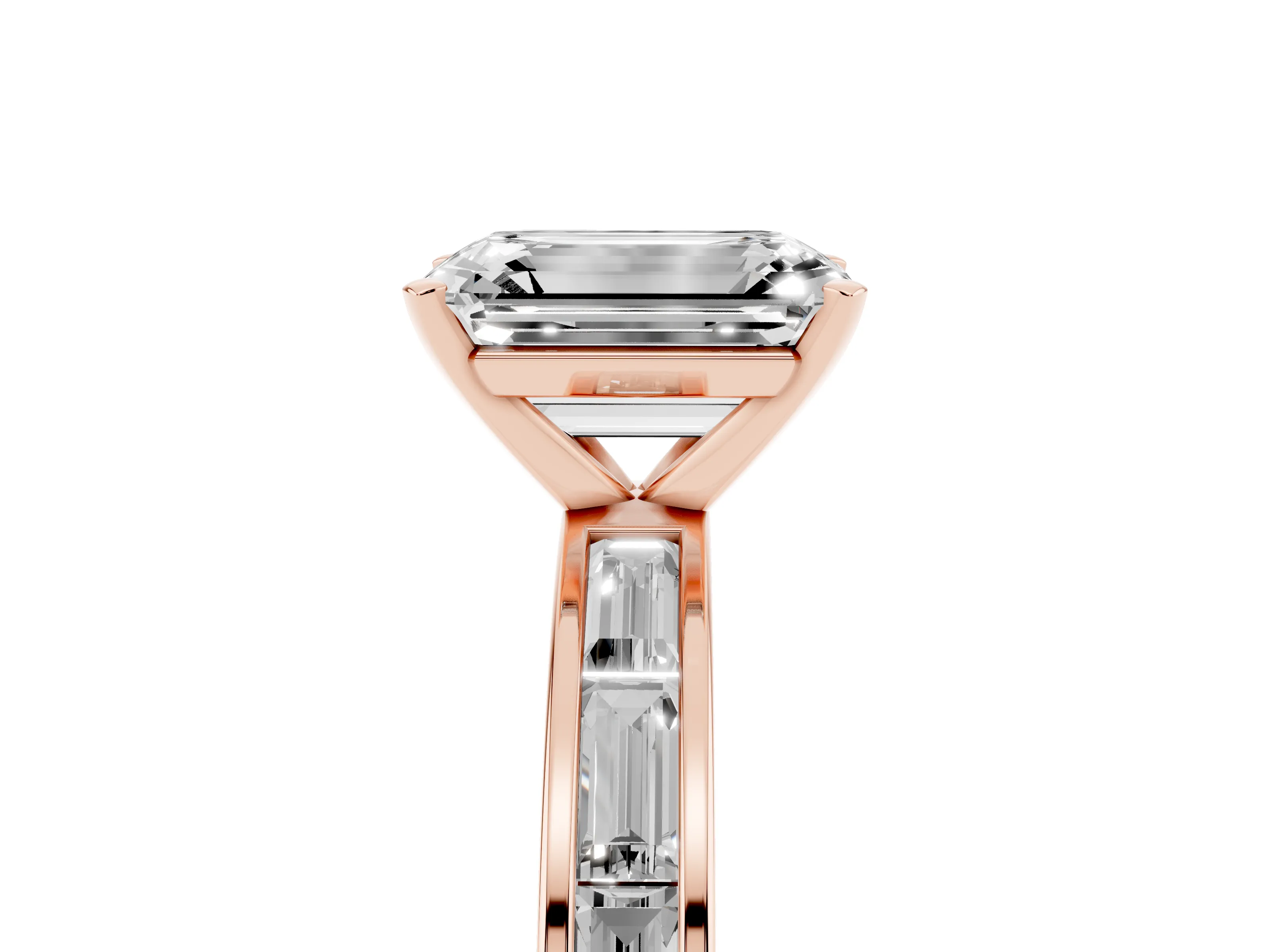 Emerald Cut Diamond Solitaire Ring Set in Rose gold with Channel-Set Baguette Band and Prong Setting