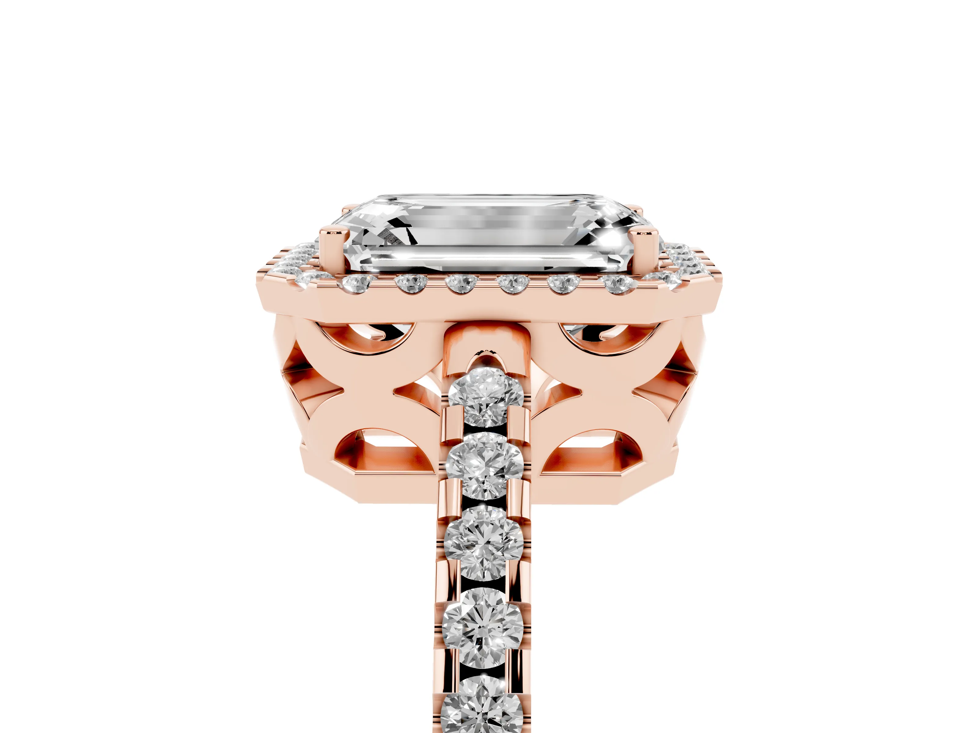 Emerald Cut Diamond Halo Ring Set in Rose gold with Pavé Shoulders and Halo-Framed Center