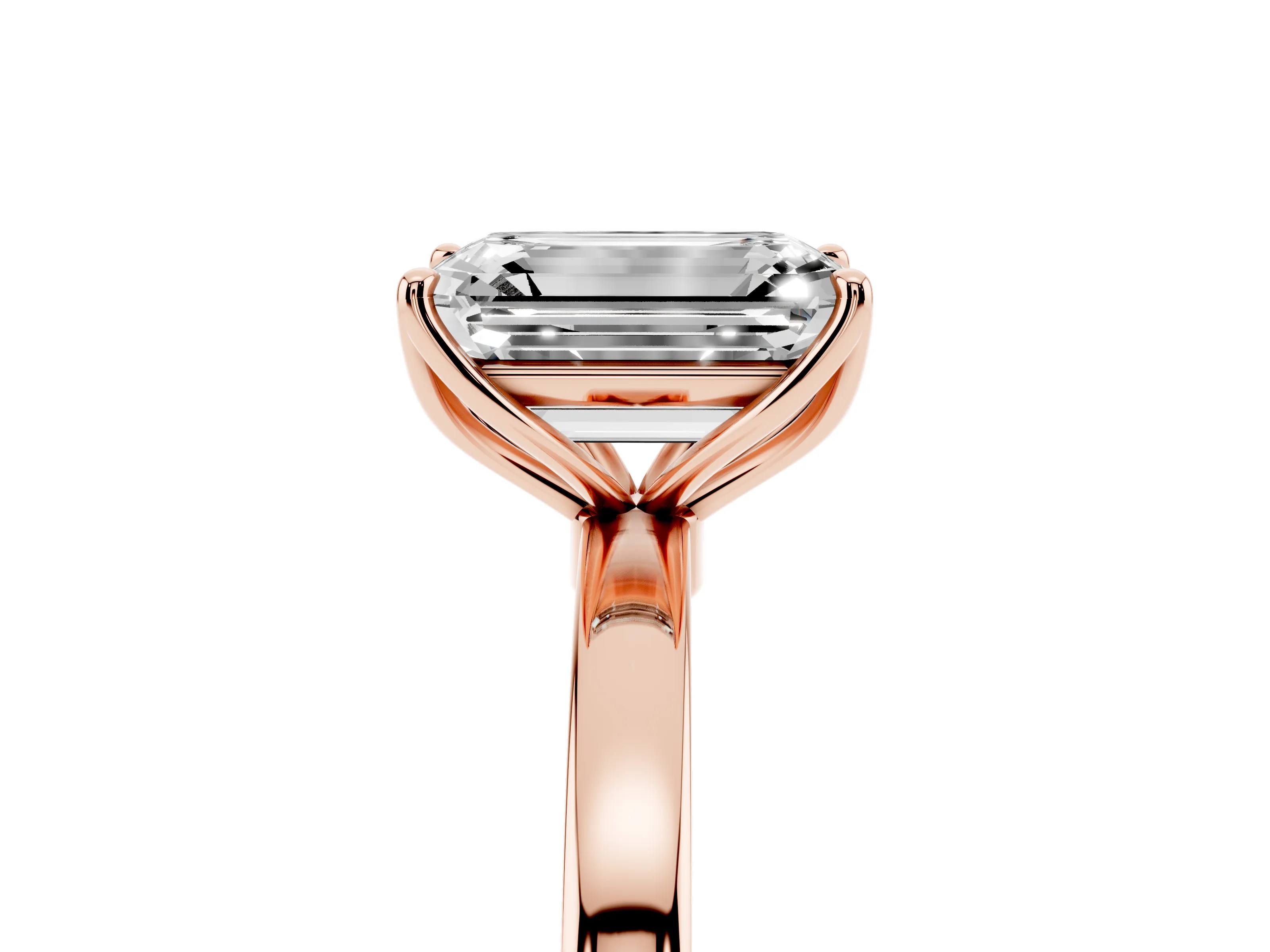 Emerald Cut Diamond Solitaire Ring Set in Rose gold with Prong Setting and Thin Polished Band