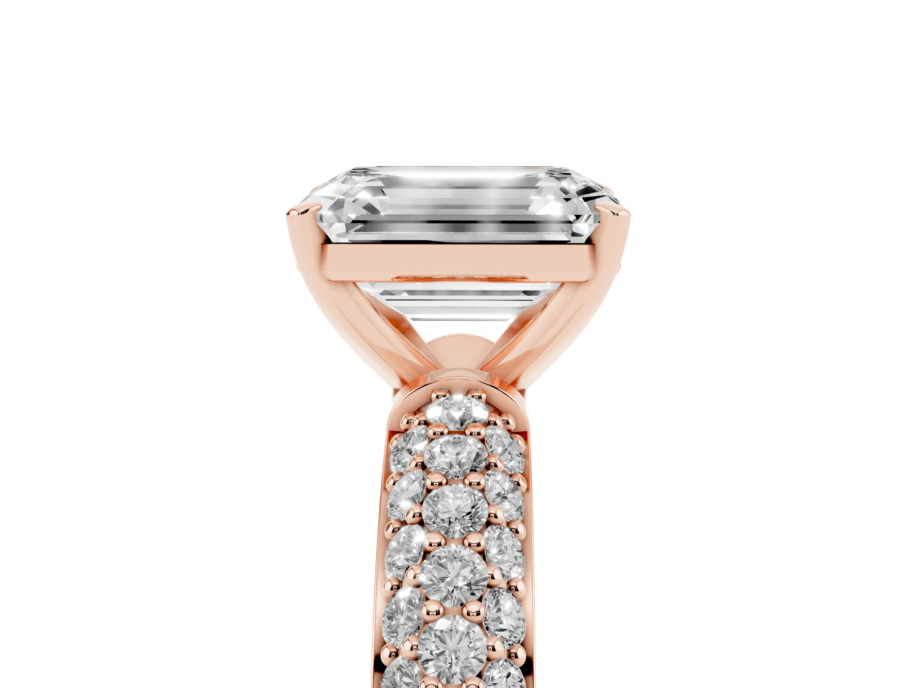 Emerald Cut Diamond Solitaire Ring Set in Rose gold with Prong Setting and Pavé-Set Band