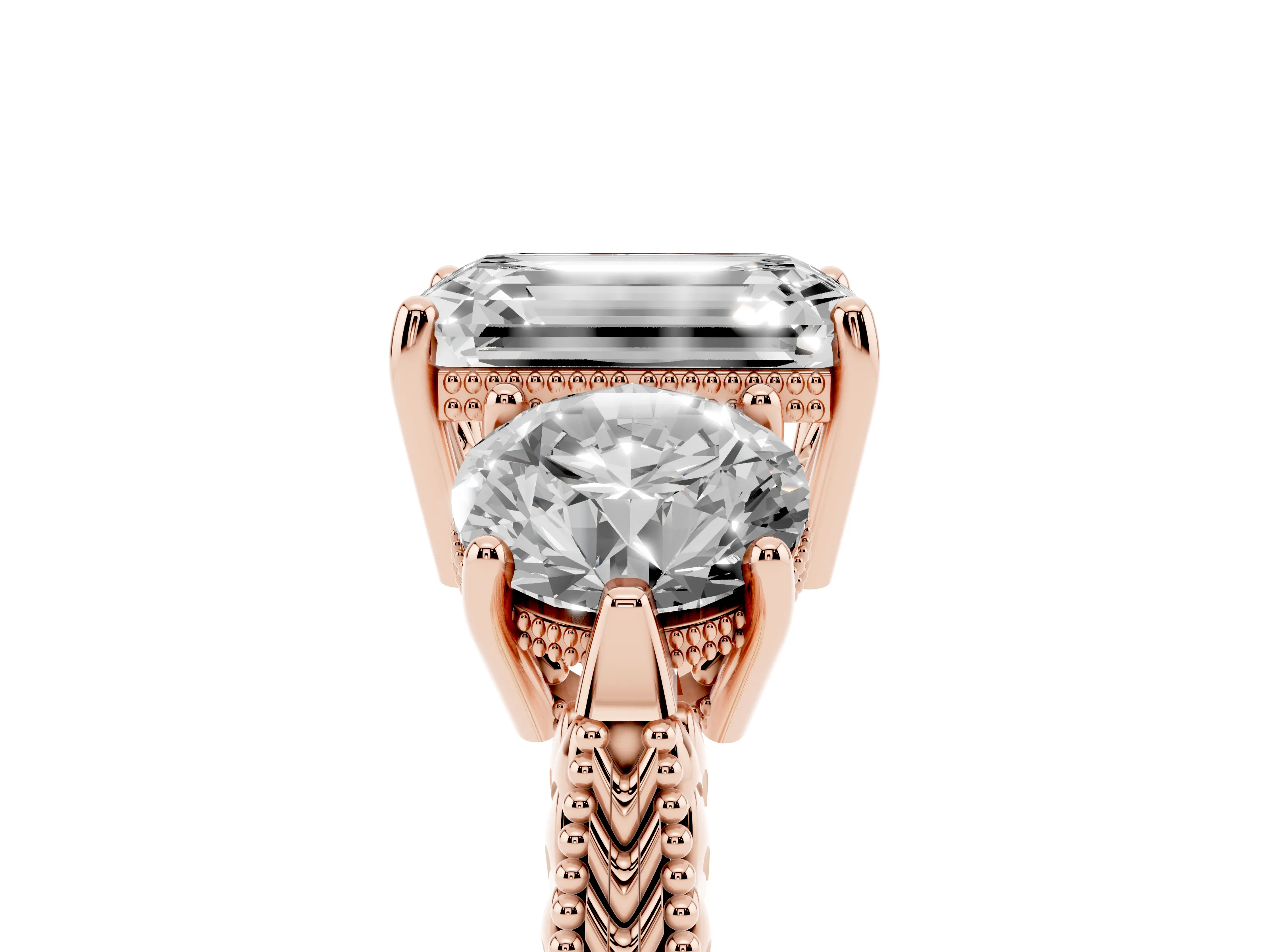 Emerald Cut Diamond Three-Stone Ring Set in Rose gold with Milgrain Band