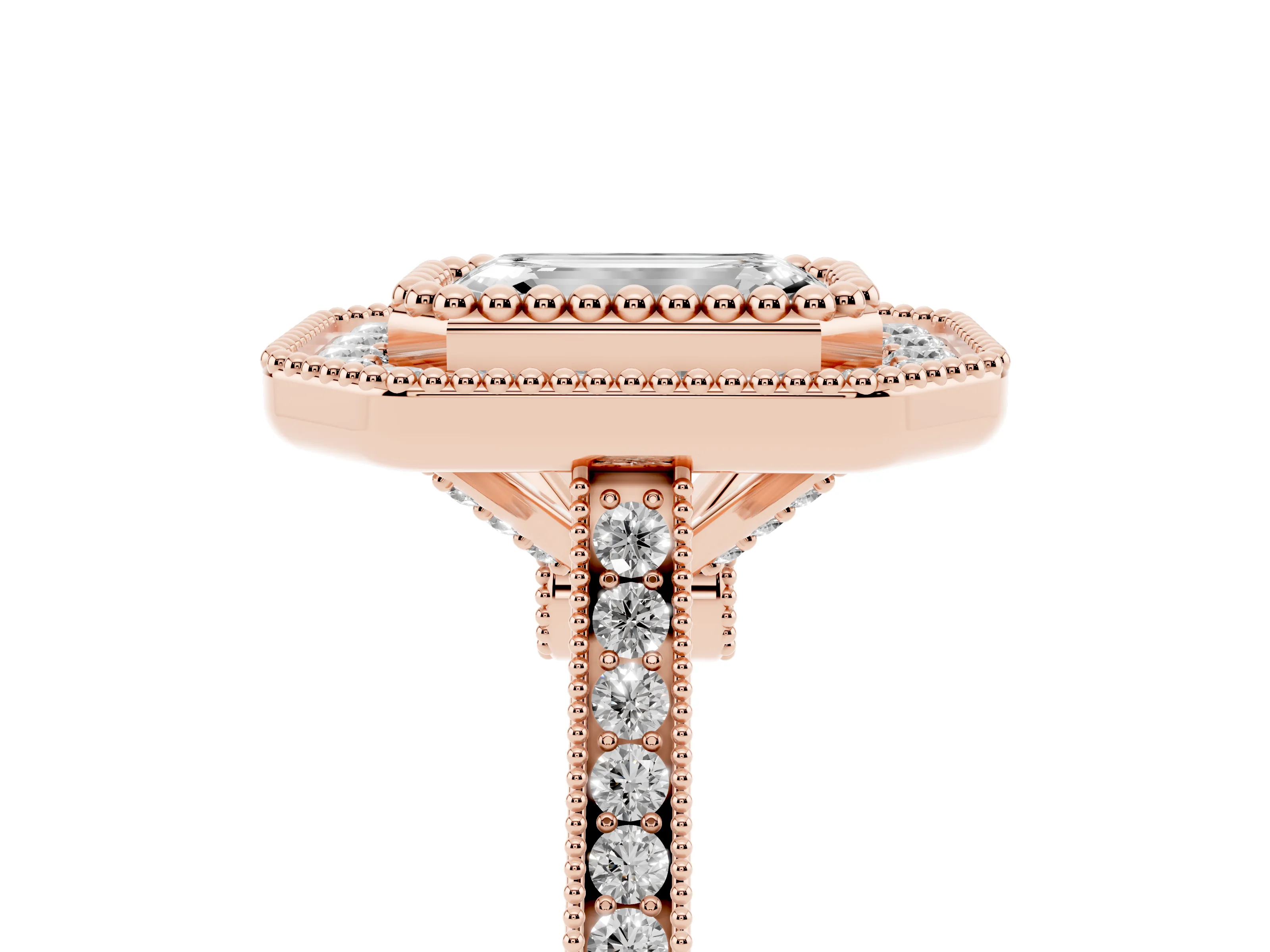 Emerald Cut Diamond Halo Ring Set in Rose gold with Milgrain Frame and Pavé Band