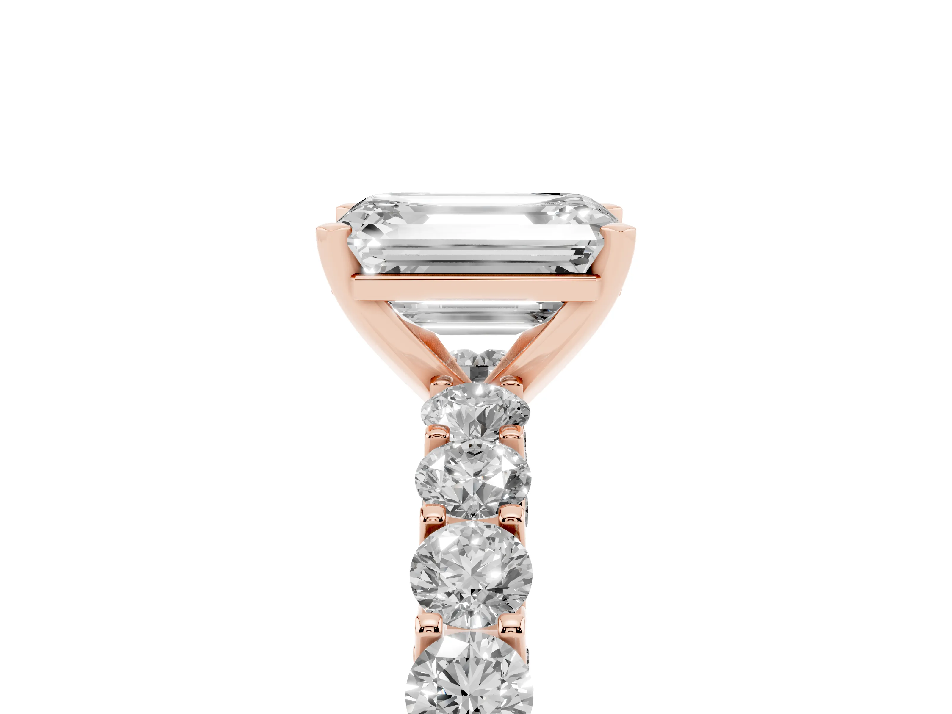 Emerald Cut Diamond Solitaire Ring Set in Rose gold with Shared Prong Pavé Band