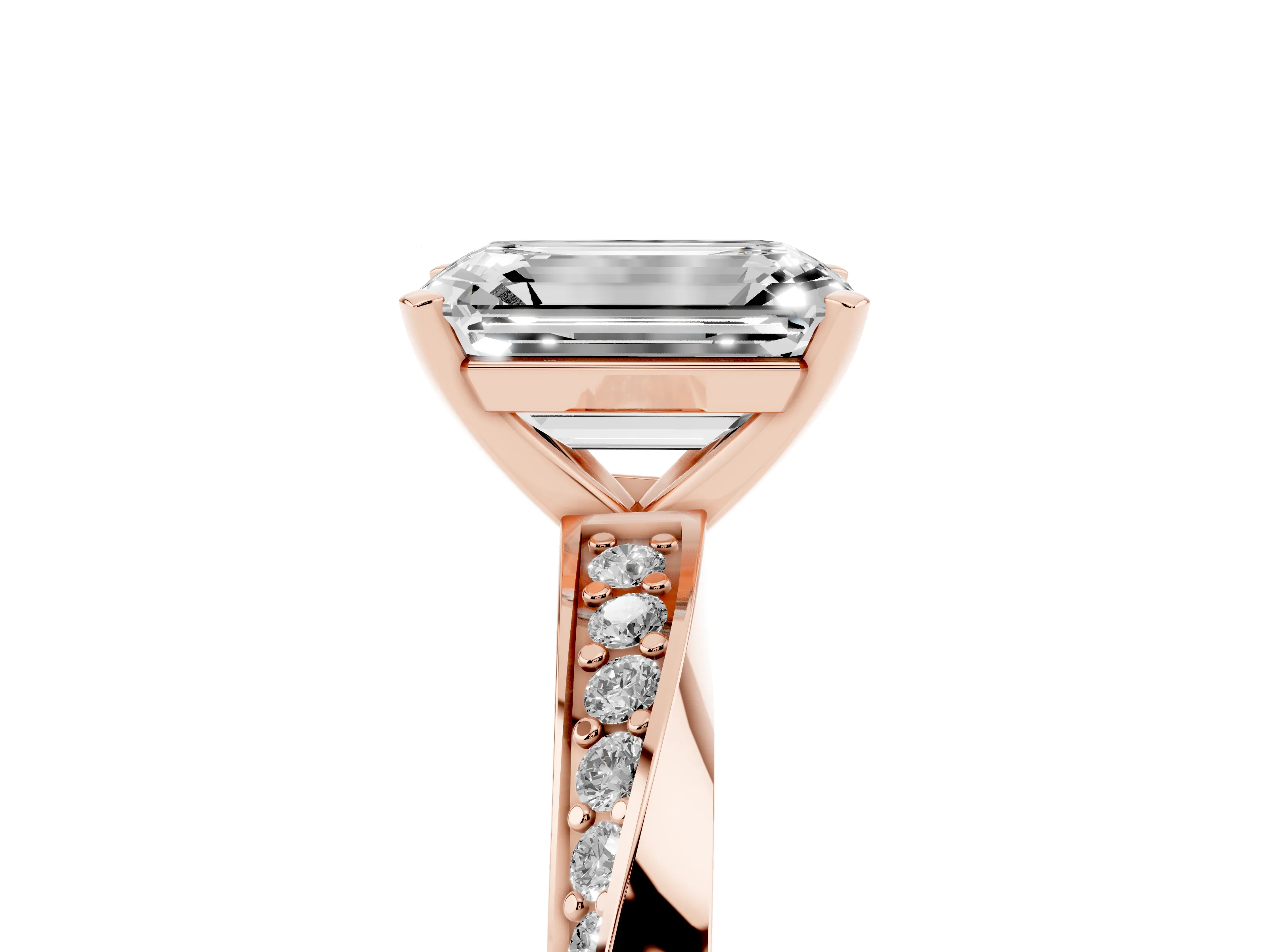 Emerald Cut Diamond Engagement Ring Set in Rose gold with Side Stone Accents and Prong Setting
