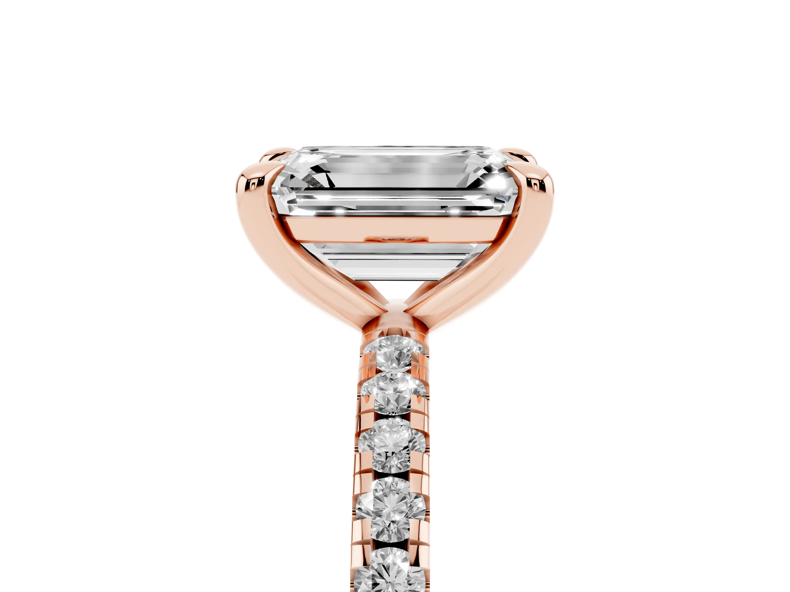 Emerald Cut Diamond Brilliant Solitaire Ring Set in Rose gold with Pavé Band and Prong Setting