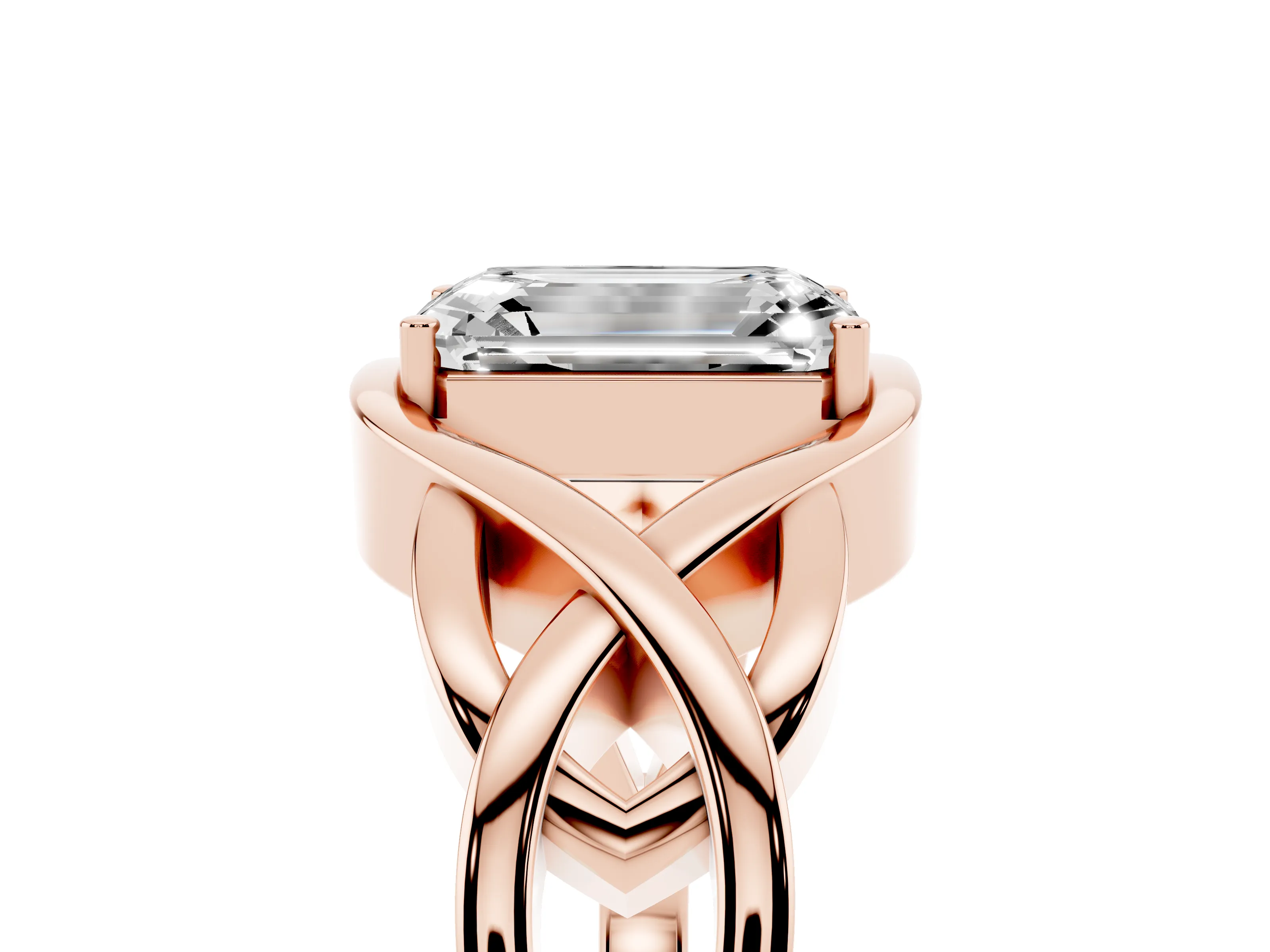 Emerald Cut Diamond Solitaire Ring Set in Rose gold with Intertwined Band