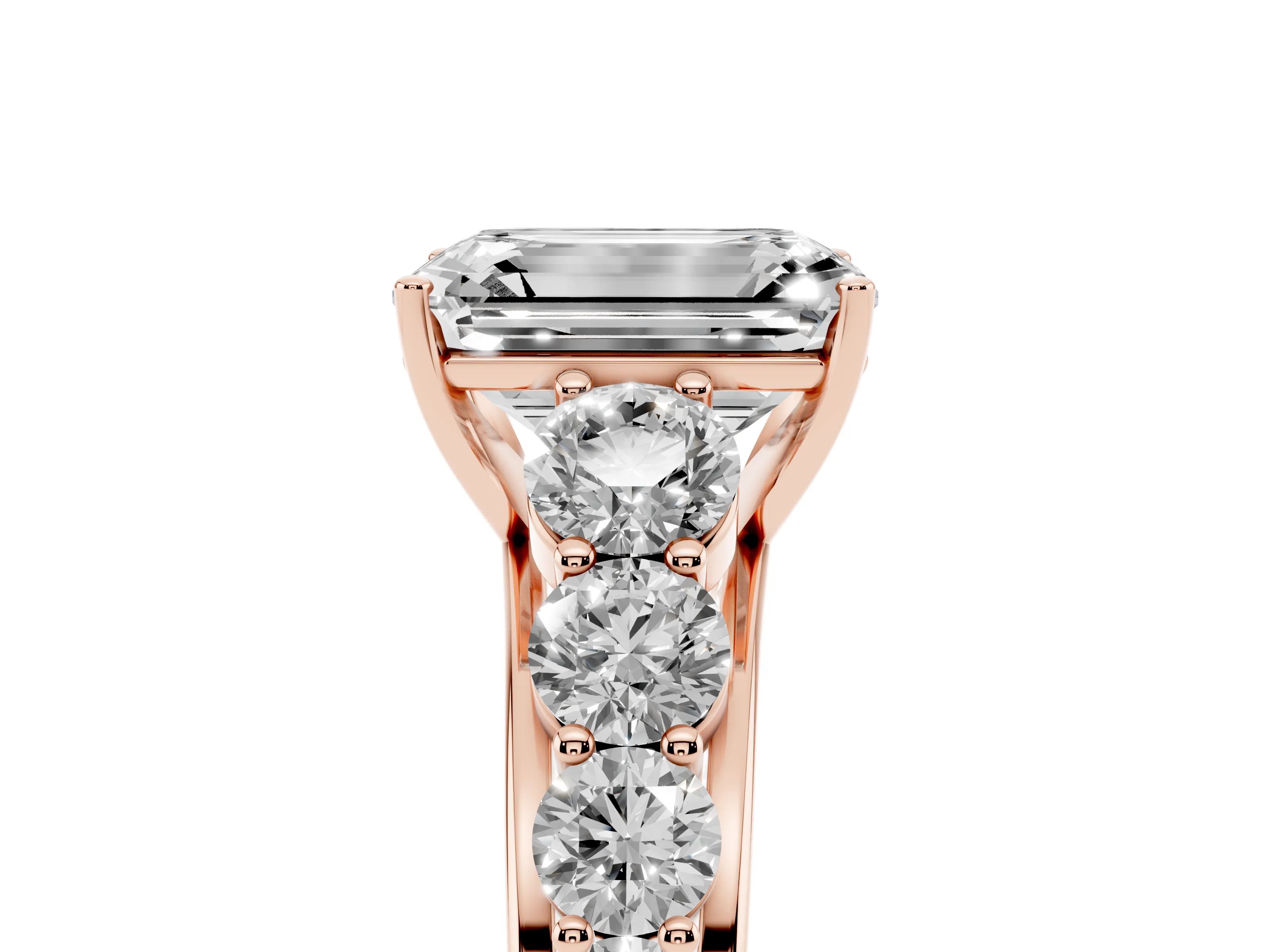 Emerald Cut Diamond Solitaire Ring Set in Rose gold with Pavé-Set Band and Prong Setting